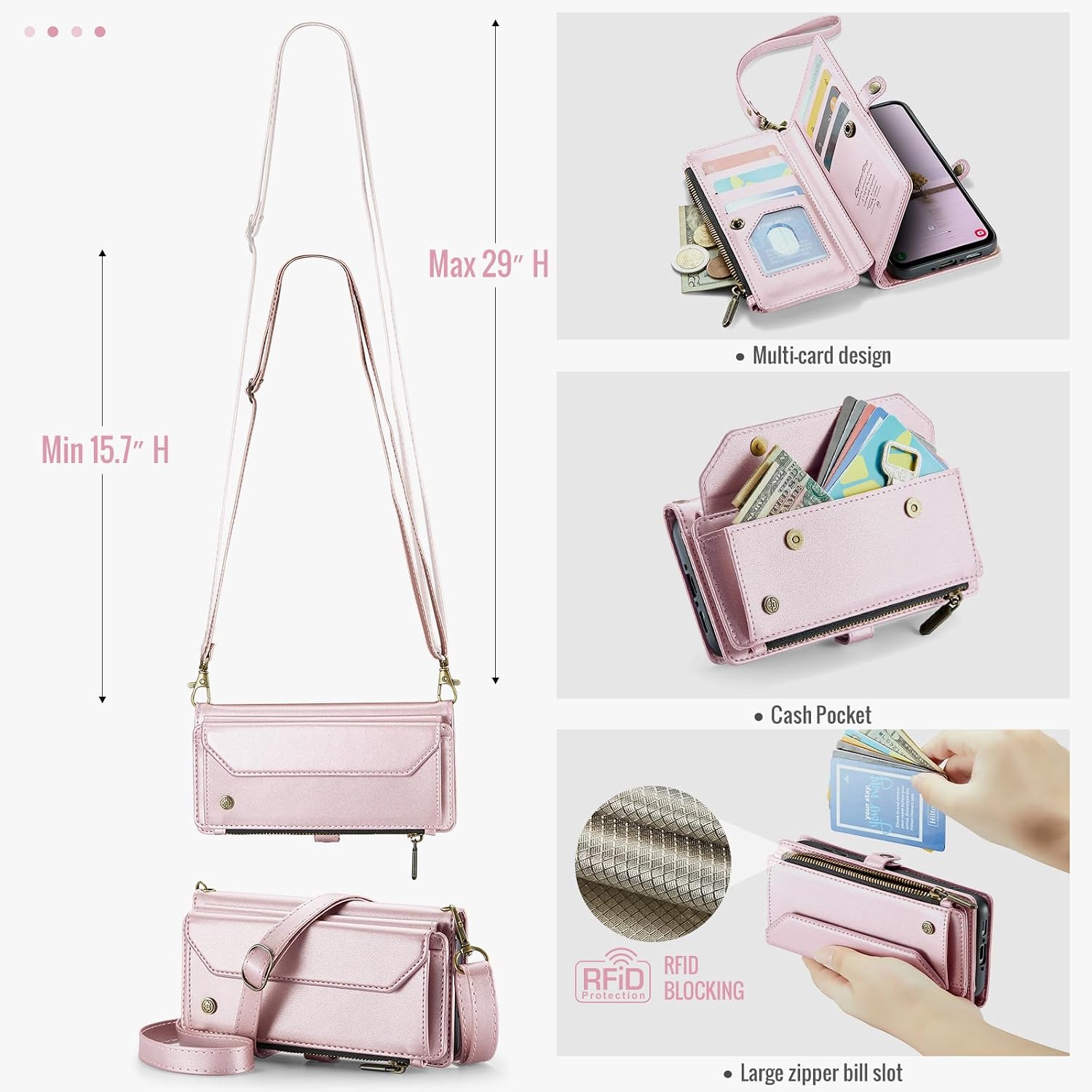 For Samsung Galaxy A13 5G Zipper Leather Wallet Case with Card Slots +Cash Pocket,【RFID Blocking】【Compatible with Wireless Charge】 Magnetic Clasp Stand Heavy Duty Lanyard Phone Bag (Pink)