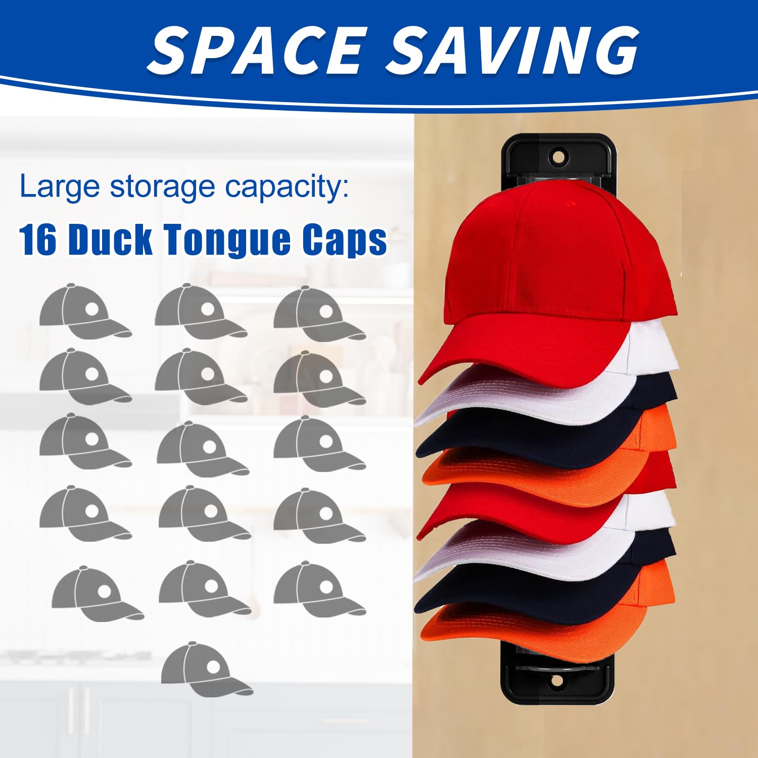 Porta Cappelli Parete, Espositore Cappelli, Portacappelli Autoadesivo, Organizzatore Baseball Cap, Cappelliera per Cappelli Contenere 16 Cappelli, Nero