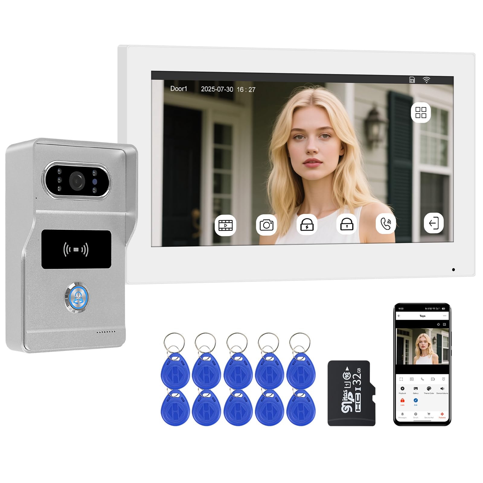 2 Hilos Videoportero WiFi Sistema de Intercomunicación 1080P, Timbre de Video y Pantalla Táctil de 7 zoll con Cable, Desbloqueo RFID &Tuya, Visión Nocturna, IP65, Grabación