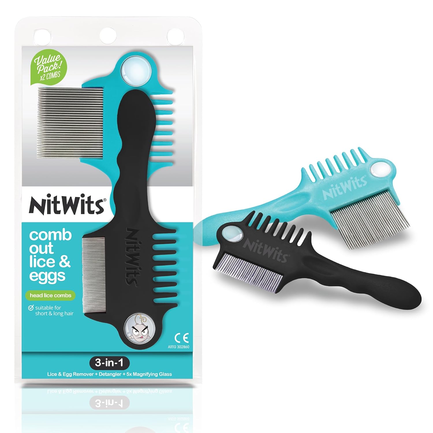 NitWits Head Lice & Egg Comb 2 Pack, 3-in-1 Lice Comb, Detangles, Removes Lice & Eggs and Includes 5x Magnifying Glass