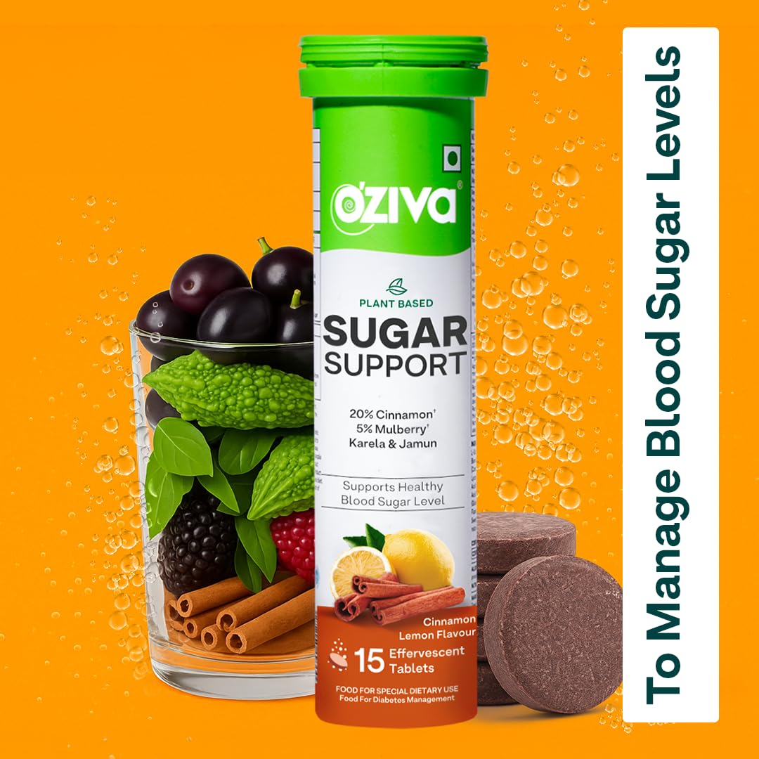 OZiva Sugar Support Effervescent | Supports Daily Blood Sugar Management & Insulin Function | Reducose®, Cinnamon, Jamun, Karela, Gymnema - 15 Tablets
