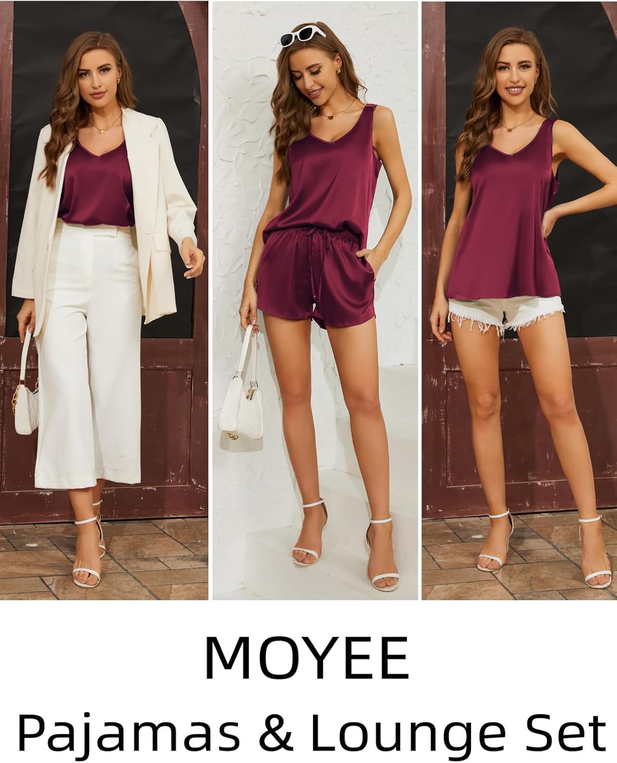 MOYEE Women Silk Pajama Set Soft Satin V Neck Tank Top and Shorts 2 Piece lounge Sets with Pockets - Image 5