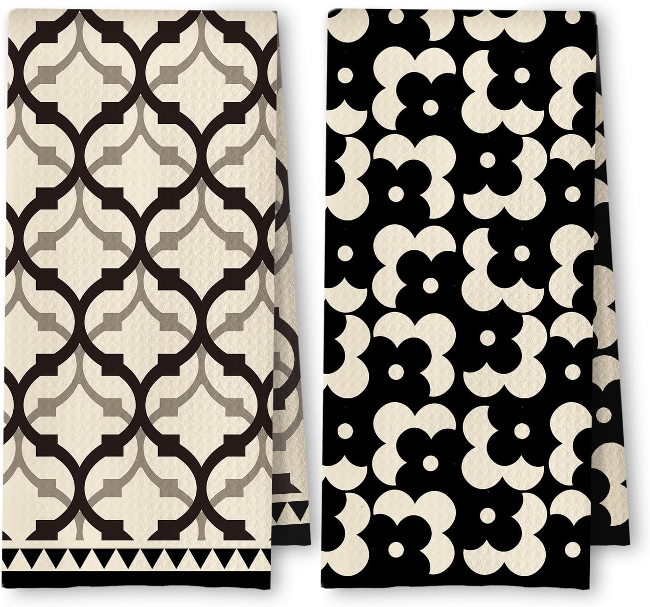 Black Beige Moroccan Kitchen Towels Set of 2, Retro Boho Abstract Dish Tea Towels for Kitchen Decor, Retro Mid Century Modern Hand Towel for Bathroom Decor, 16x24 Inches