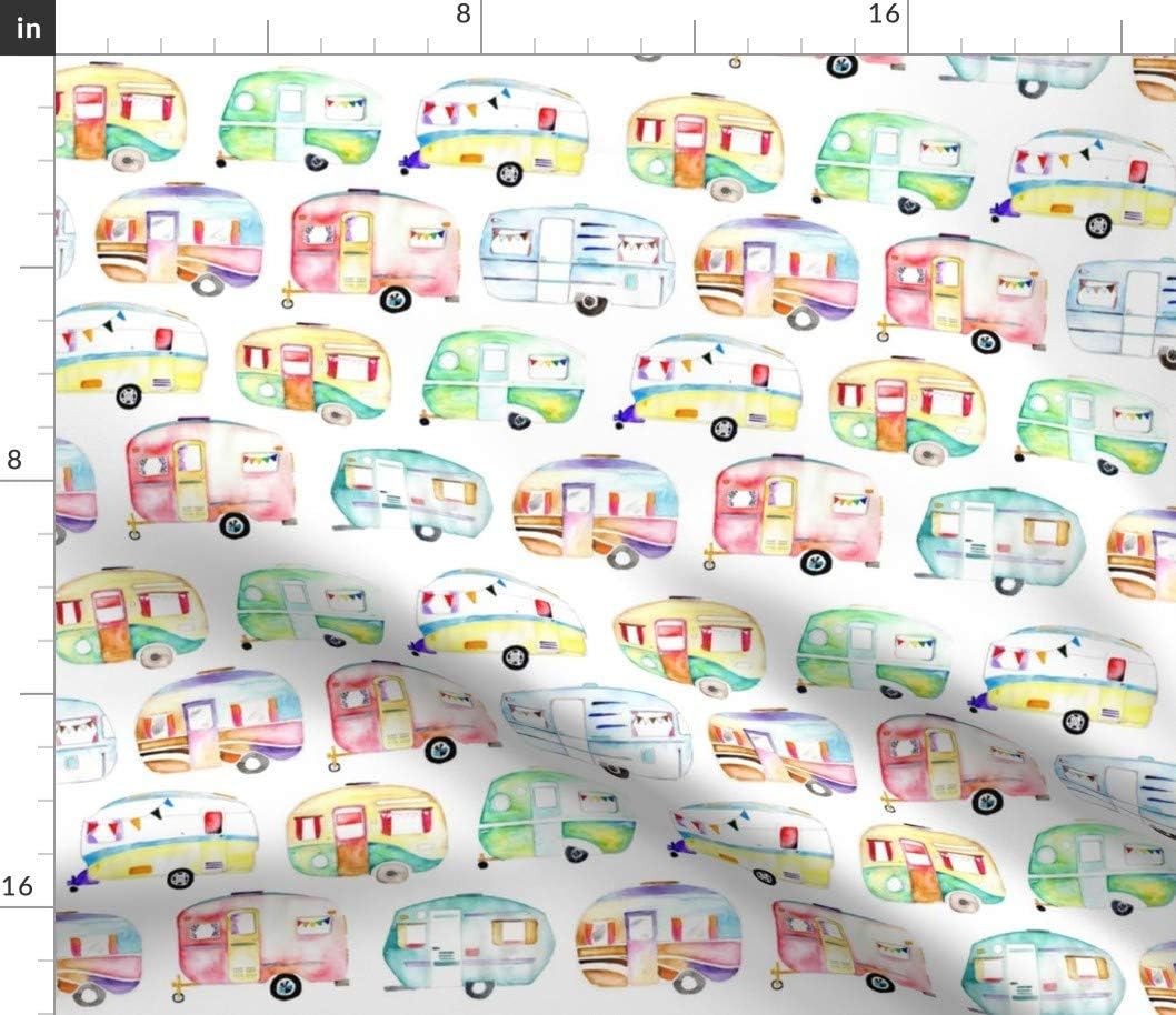 Spoonflower Fabric - Watercolor Camping Trailer Camper Summer Printed on Petal Signature Cotton Fabric Fat Quarter - Sewing Quilting Apparel Crafts Decor