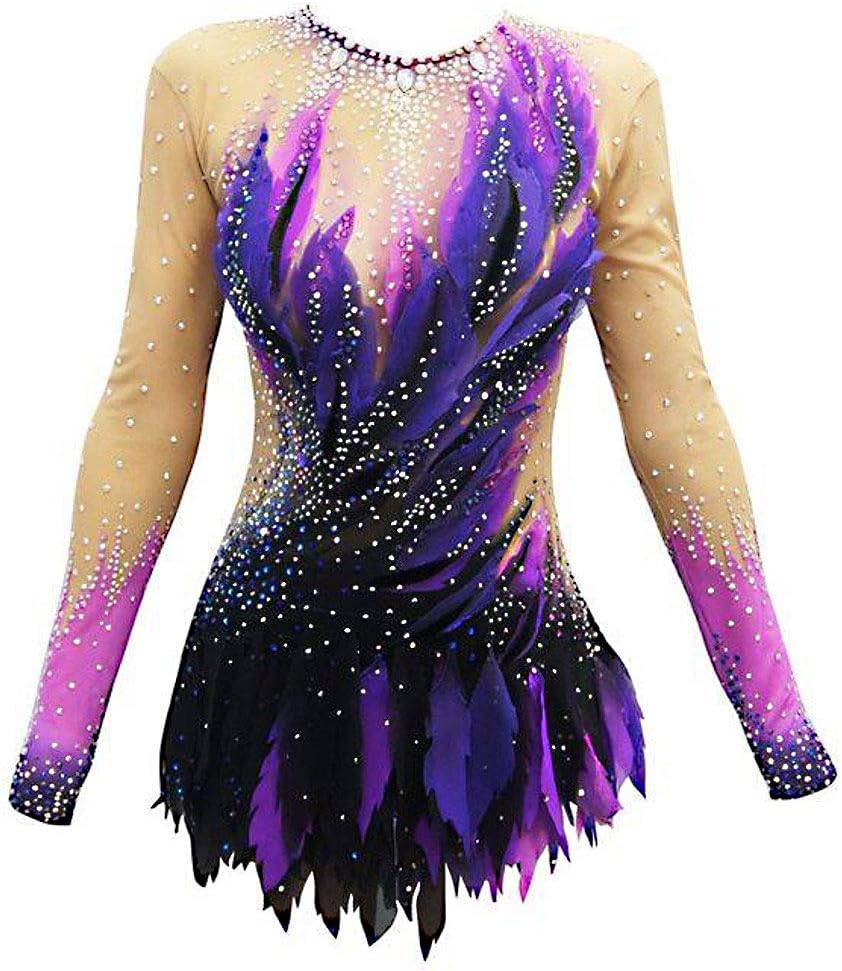 Rhythmic Gymnastics Leotards Artistic Gymnastics Leotards Women's Girls' Leotard Purple High Elasticity Handmade Long Sleeve Competition Dance Rhythmic Gymnastics,Purple,XXL