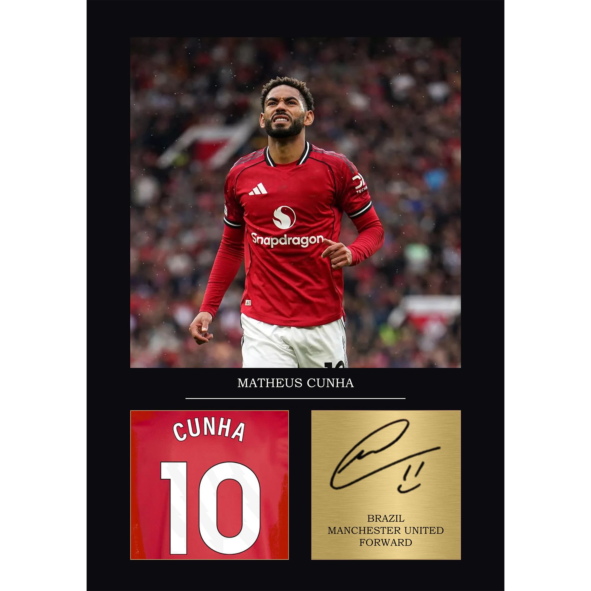 Matheus Cunha Gift Signed A4 Print Display Framed Man United Gifts For Boys Digitally Reproduced Signature United Gifts For Boys Manchester United (Framed)