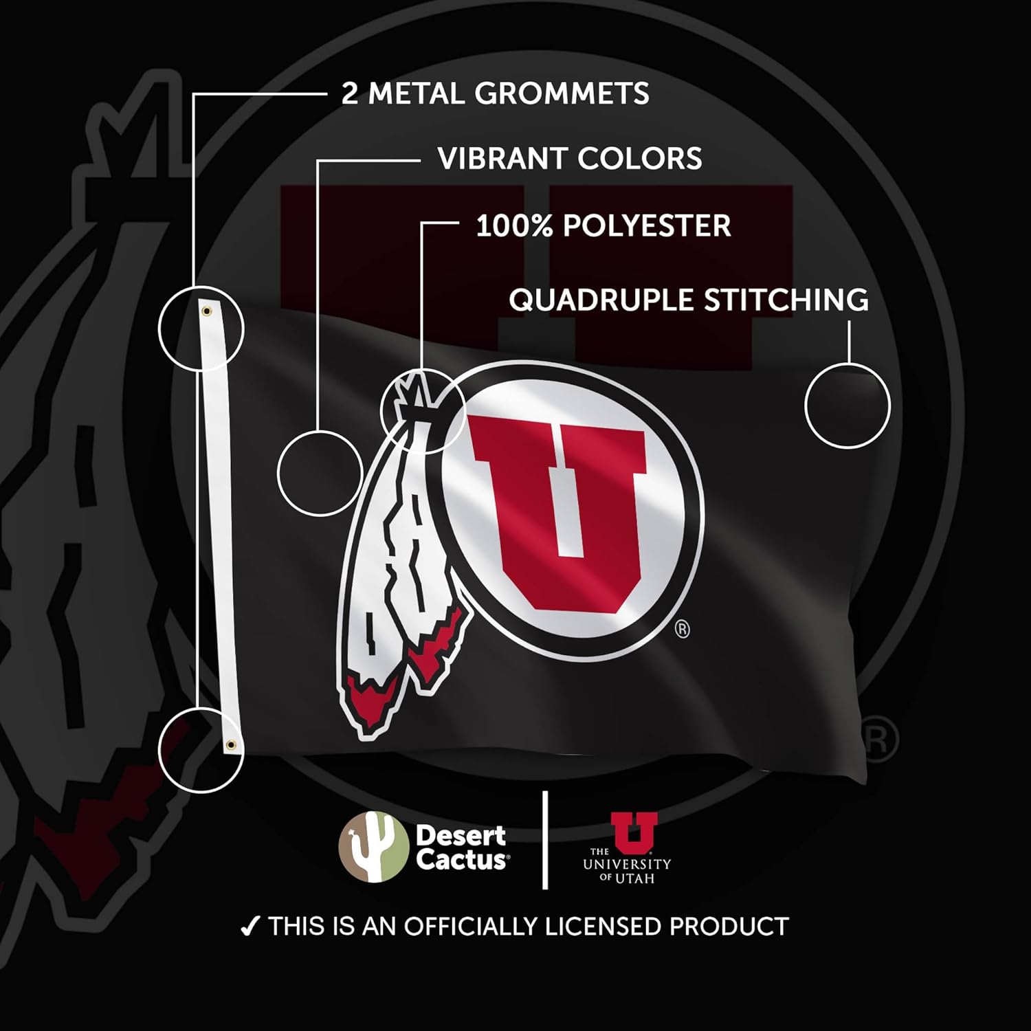 Desert Cactus University of Utah Flag - 3 x 5 Feet UT Utes Banner, Indoor/Outdoor Durable Fabric, 100% Polyester Design (Design Z)