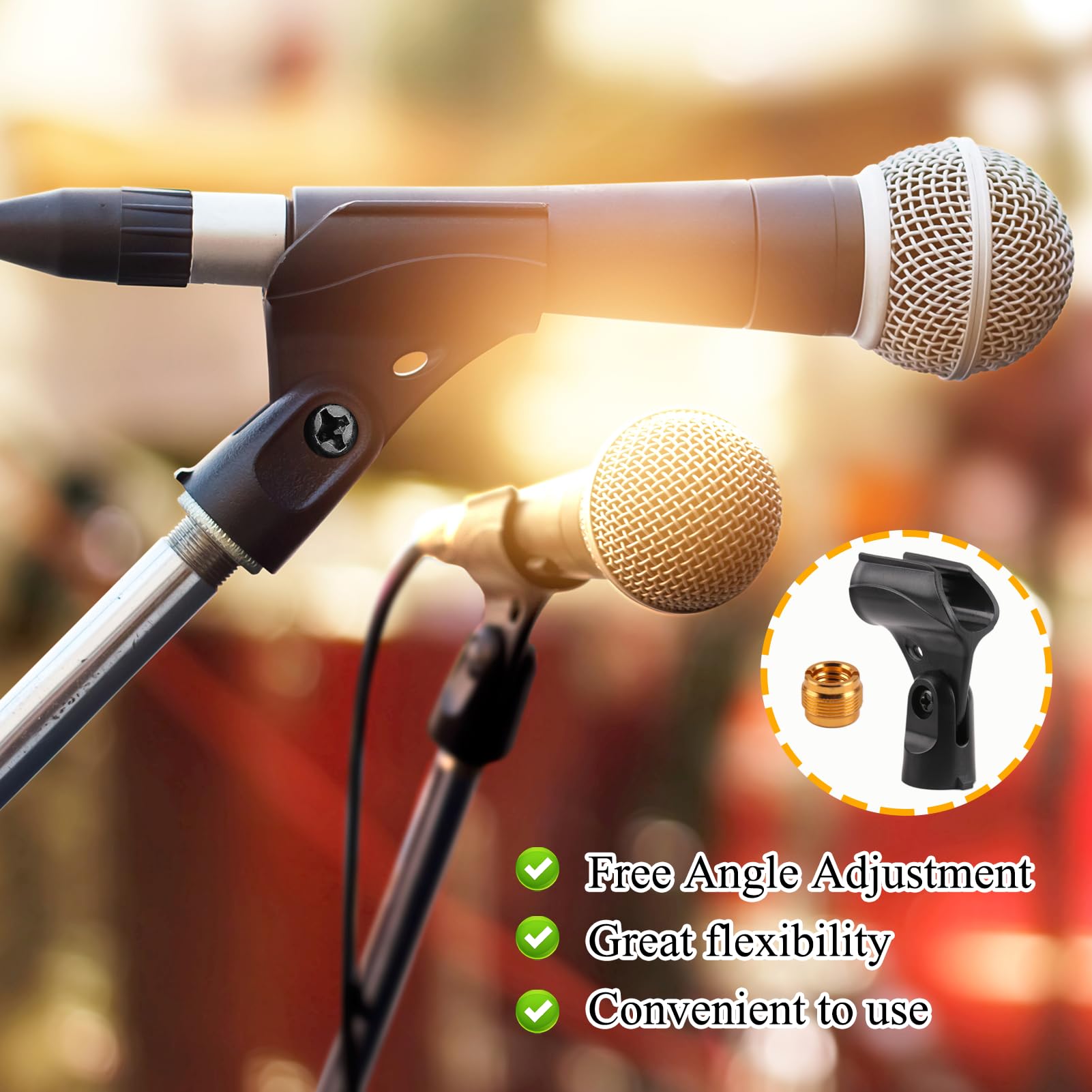 2 Pack Universal Microphone Holder 180° Adjustable Microphone Clip Attachment Large Handhold Mic Stand with 5/8" to 3/8" Mic Copper Screw Adapter for Wired Wireless Mic Clamp - Image 4