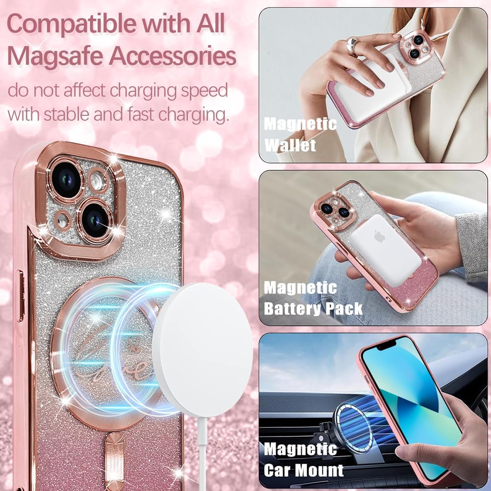ZIYE Magnetic Case Designed for iPhone 13 Glitter Case Luxury Plating Love Heart Compatible with MagSafe Clear Case with Camera Protector Protection Shockproof Cover for Women Girls-Pink - Image 4