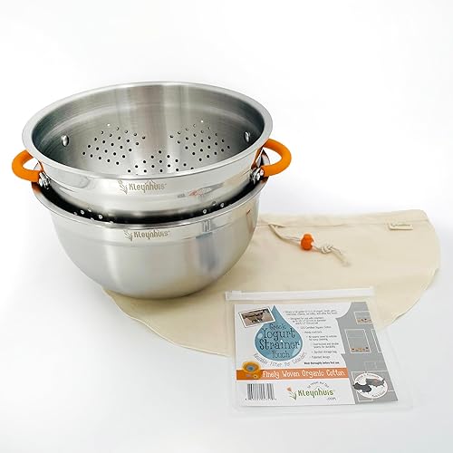 Miniatura 6 de Juego de colador de yogur griego: colador de acero inoxidable con bolsa de colador de algodón orgánico | Fabricante de yogur griego premium, tamaño