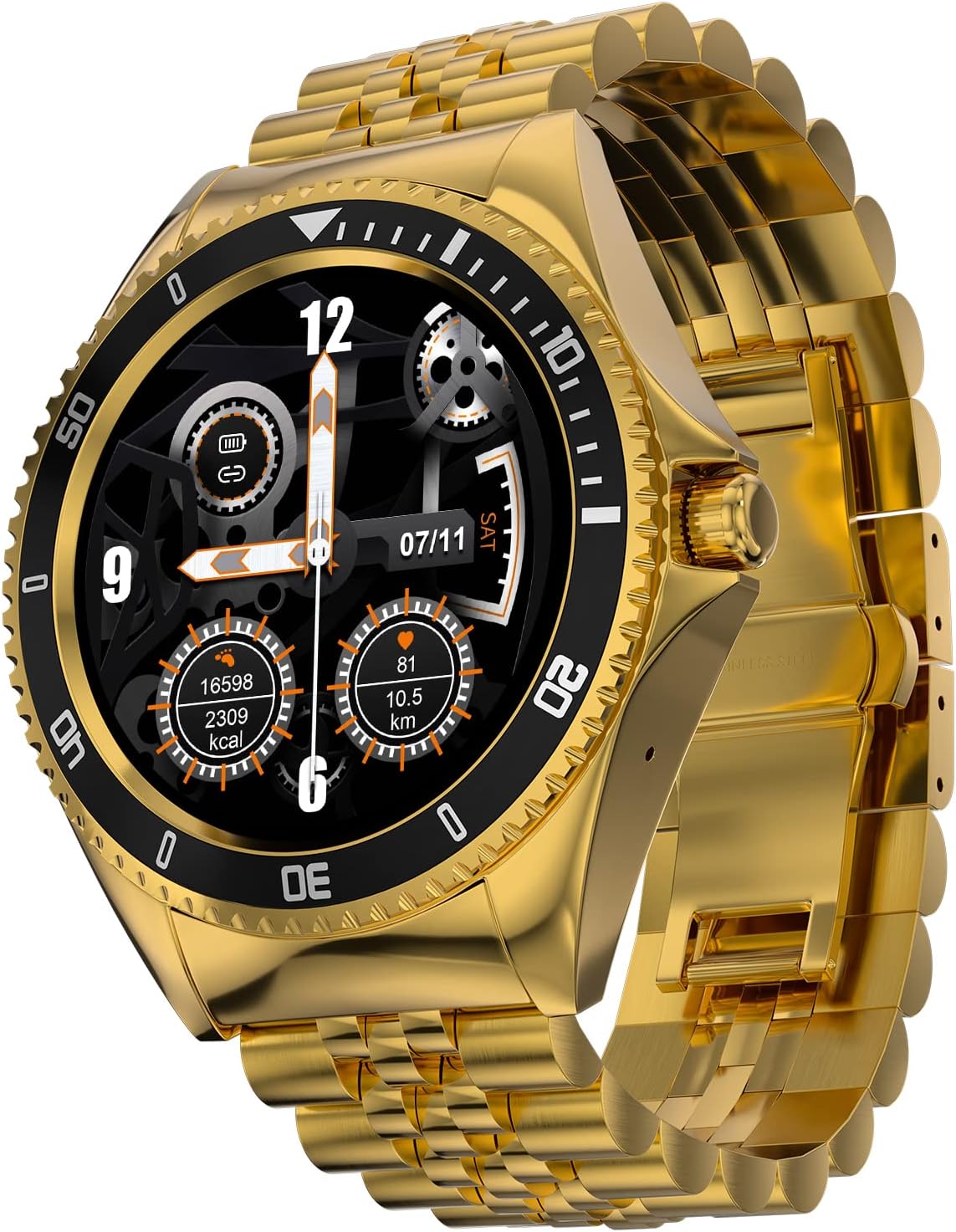 Quantum Luxury Stainless Steel Design 1.28" Bluetooth Calling Smartwatch/High Resolution/TWS Connection/SpO2 Tracking/Sports Modes/Compatible with Android iOS/Unisex (Raven Gold)
