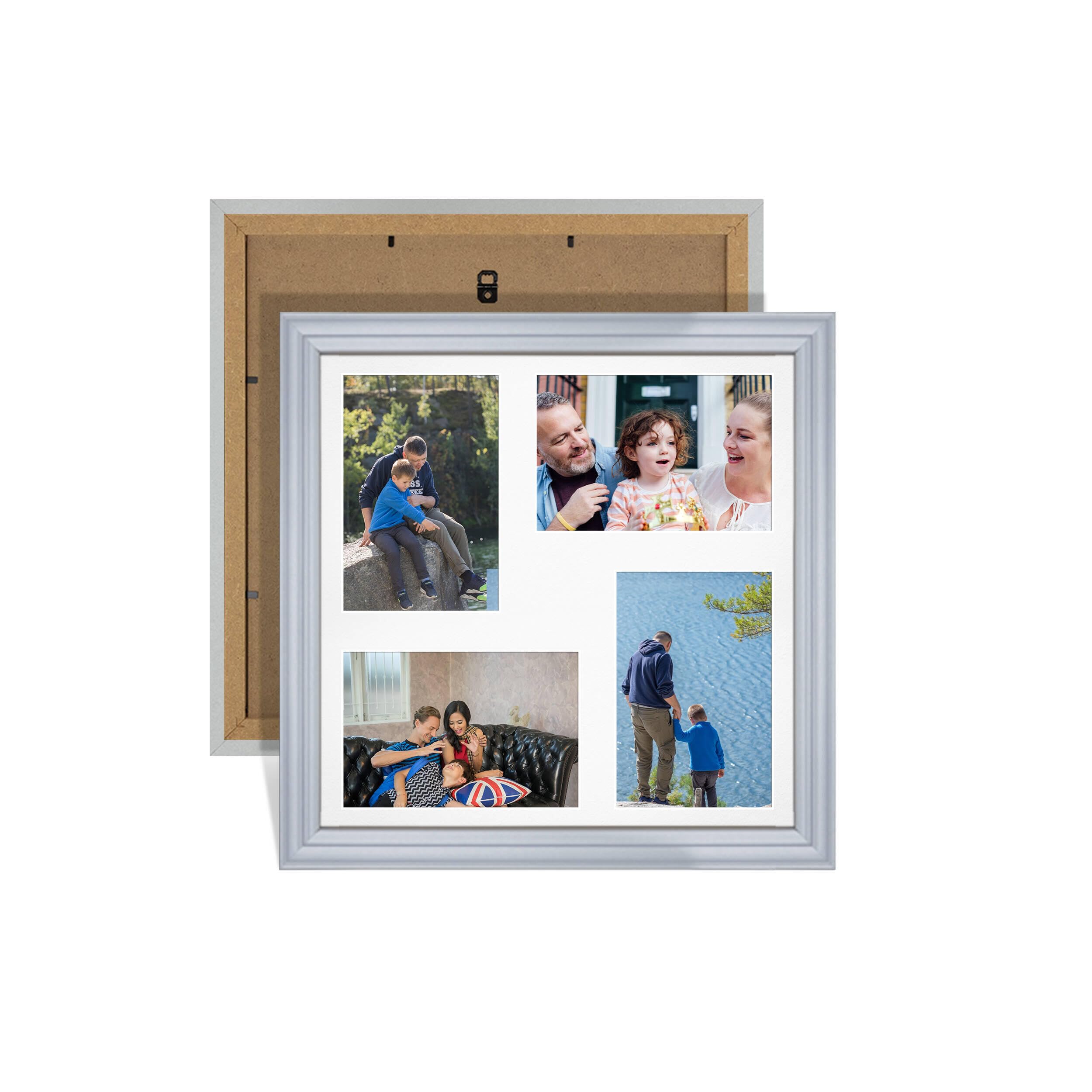Alison Kingsgate Silver 12x12 Photo frames for multiple pictures - 4 Apertures Collage Frame with White Mount - Holds (4x) 6x4 Photos - Engineered Wood & Perspex