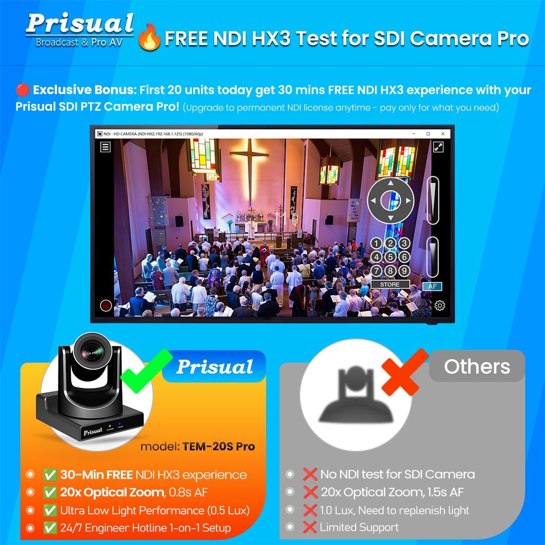 PTZ Camera 20X SDI/HDMI/USB/IP Streaming Outputs, Auto Tracking for Church Worship Live Events Facebook YouTube PoE Support (Free 30-Minute Test for NDI HX3)