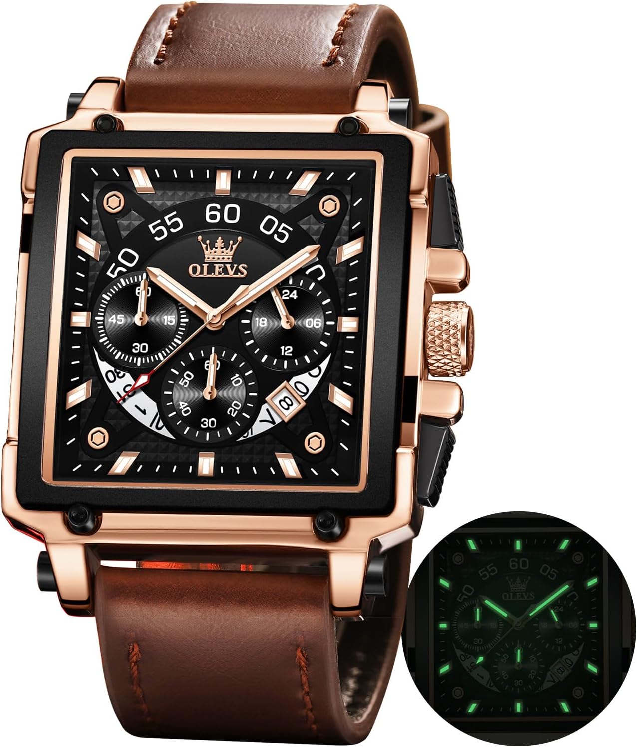 Watches for Men Quartz Chronograph Leather Fashion Dress Watch Date Waterproof Luminous Casual Square Business Wrist Watches