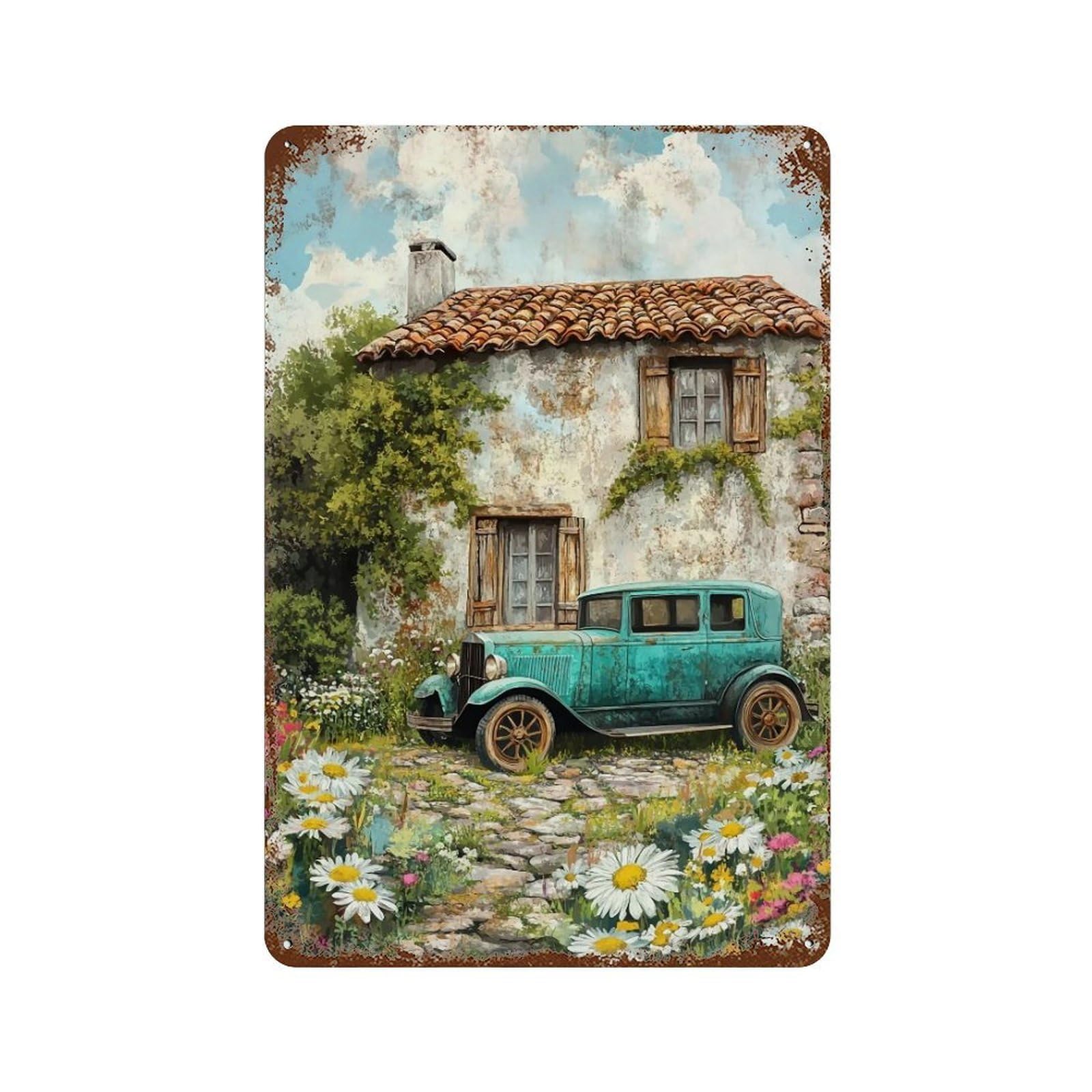 HDURYEYRYY Rural Stone House Old Automobile 02 Wall Retro Iron Vintage Art Metal Tin Sign Poster Modern Home Cofffee Club Art Bar Shop Decor 30x20cm