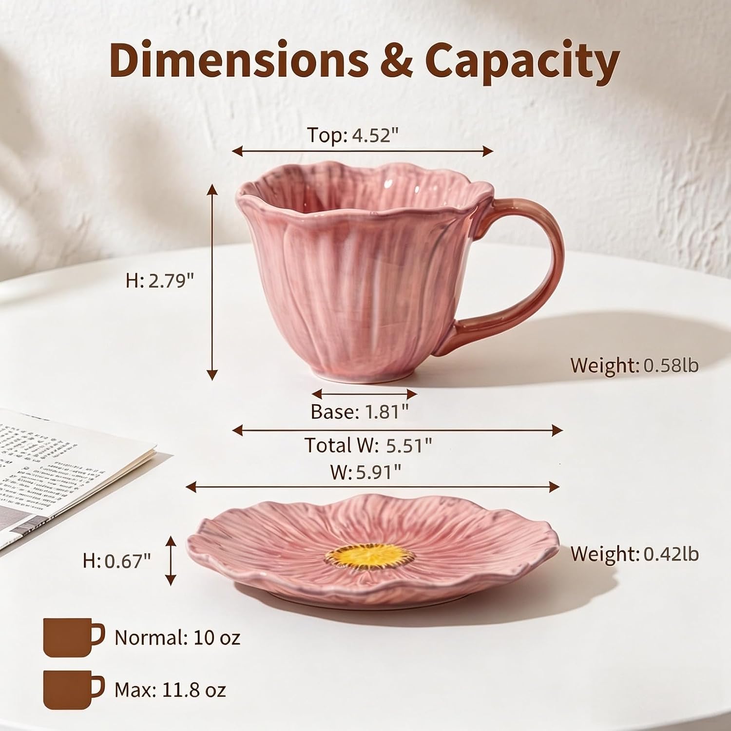 10 oz Tea Cups and Saucers Set, Gradient Flower-Shaped Ceramic Tea Cup and Saucer, Fancy Porcelain Tea Cups for Coffee Espresso Cappuccino Latte Cup, Microwave Dishwasher Safe (Pink)