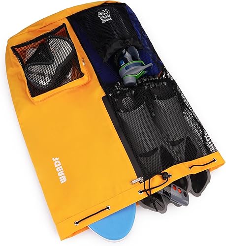 Vista 5 de WANDF Mochila de Malla con Cordón para Natación, con Bolsillo para Artículos Húmedos, para Natación, Gimnasio y Equipo de Entrenamiento XL-Naranja