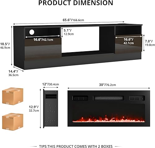 Miniatura 7 de Cozy Castle Soporte de TV con chimenea eléctrica de 30 pulgadas de hasta 75 pulgadas, soporte de TV LED de alto brillo moderno para TV de 65 y 70