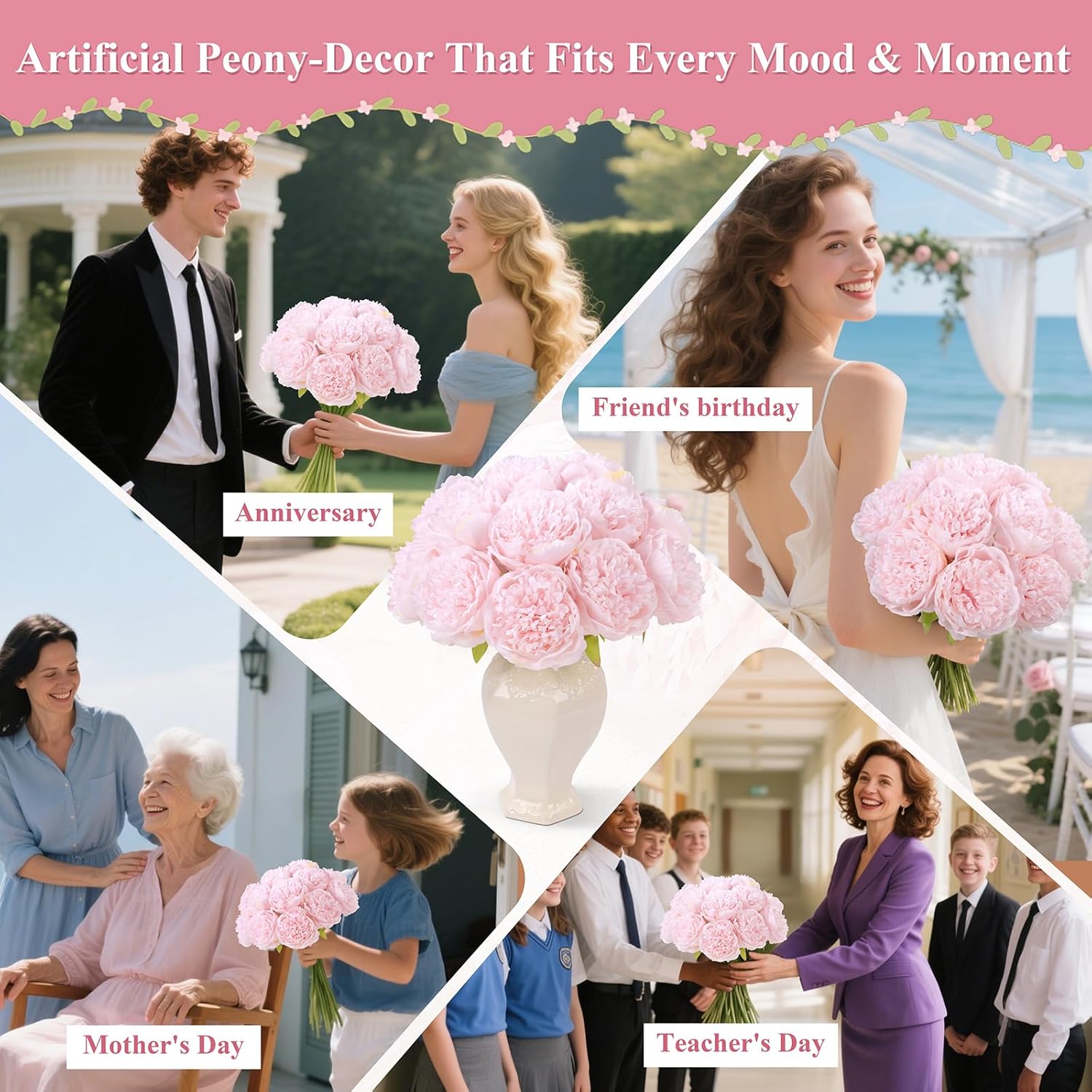 U'Artlines 20 Heads Artificial Peony Silk Flower Leaf Home Office Wedding Party Festival Bar Decor (Light Pink) - Image 6