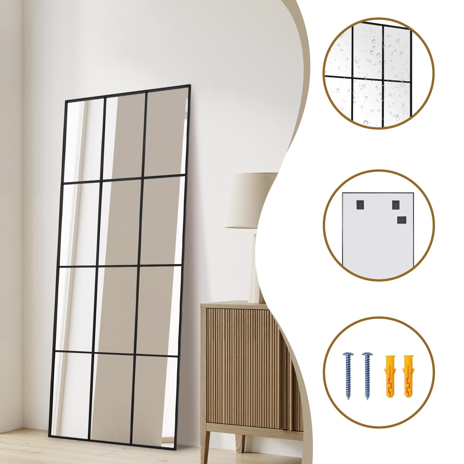 Reflix Specchio da pavimento, 60 x 165 cm, nero, a tutta lunghezza, da parete, da appendere, decorazione per camera da letto, soggiorno, ingresso