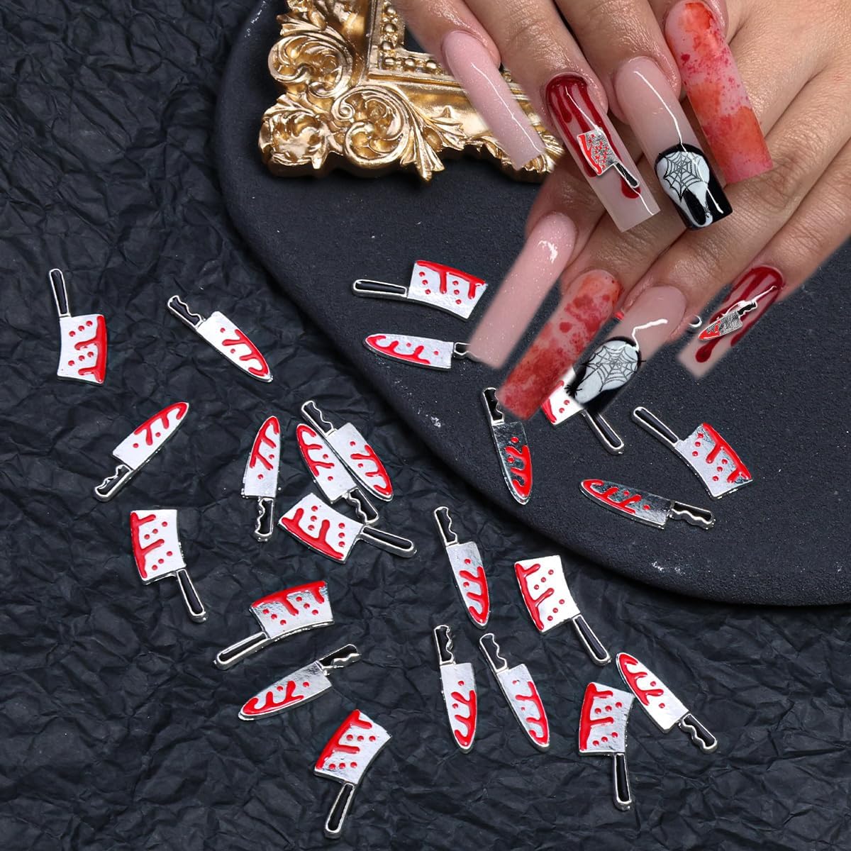 14Pcs Halloween Nail Charms 3D Bloody Knife Red Goth Nail Rhinestones Gems image 4