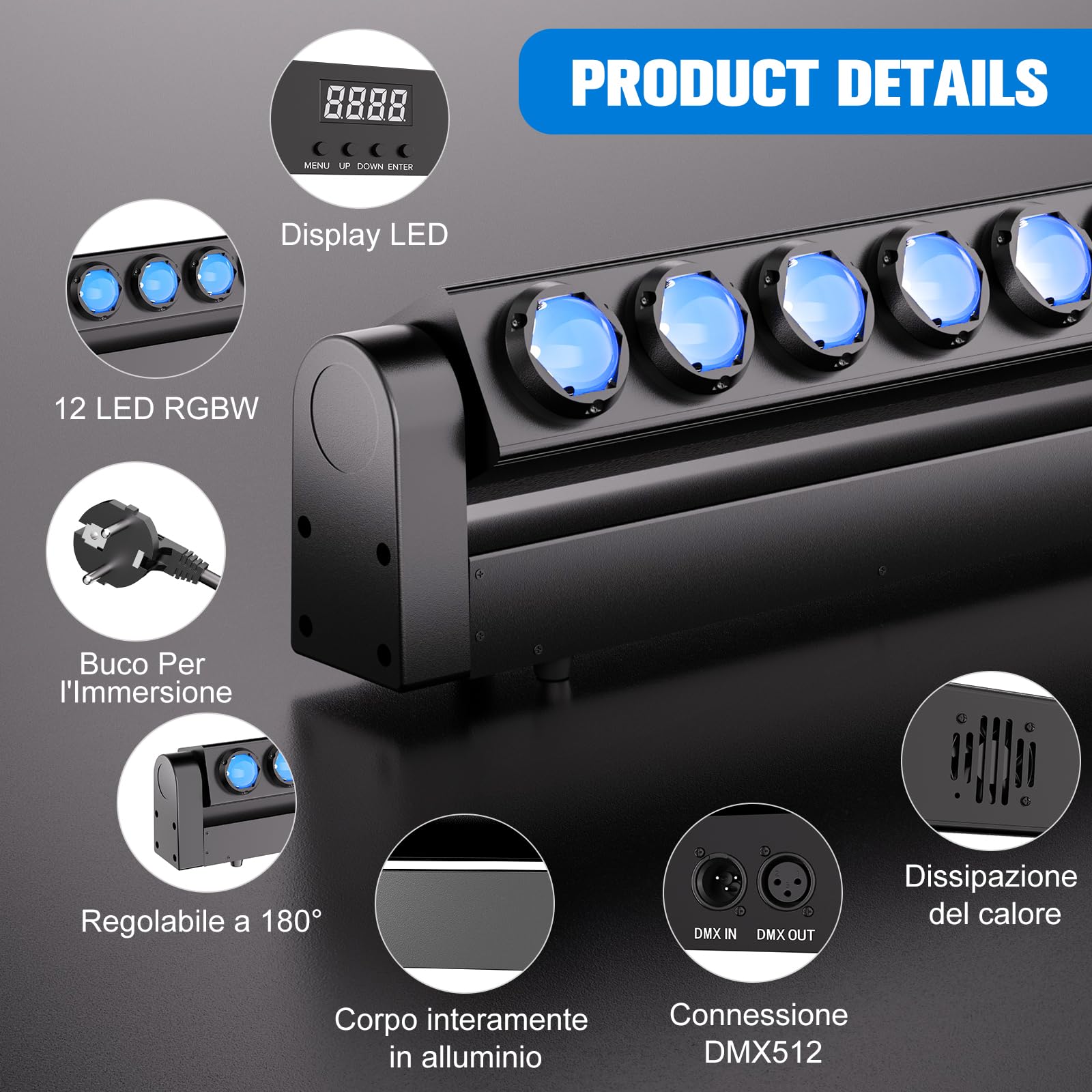 216W Wallwasher Lyre LED, 12X15W RGBW 4in1 LEDs Disco Lumiere, Lyre Beam à 8°, Effet Stroboscopique 1-30Hz, DMX512 7/11/55CH, Lumière de Spectacle pour Fête Mariage Club et Bar [Classe énergétique E]