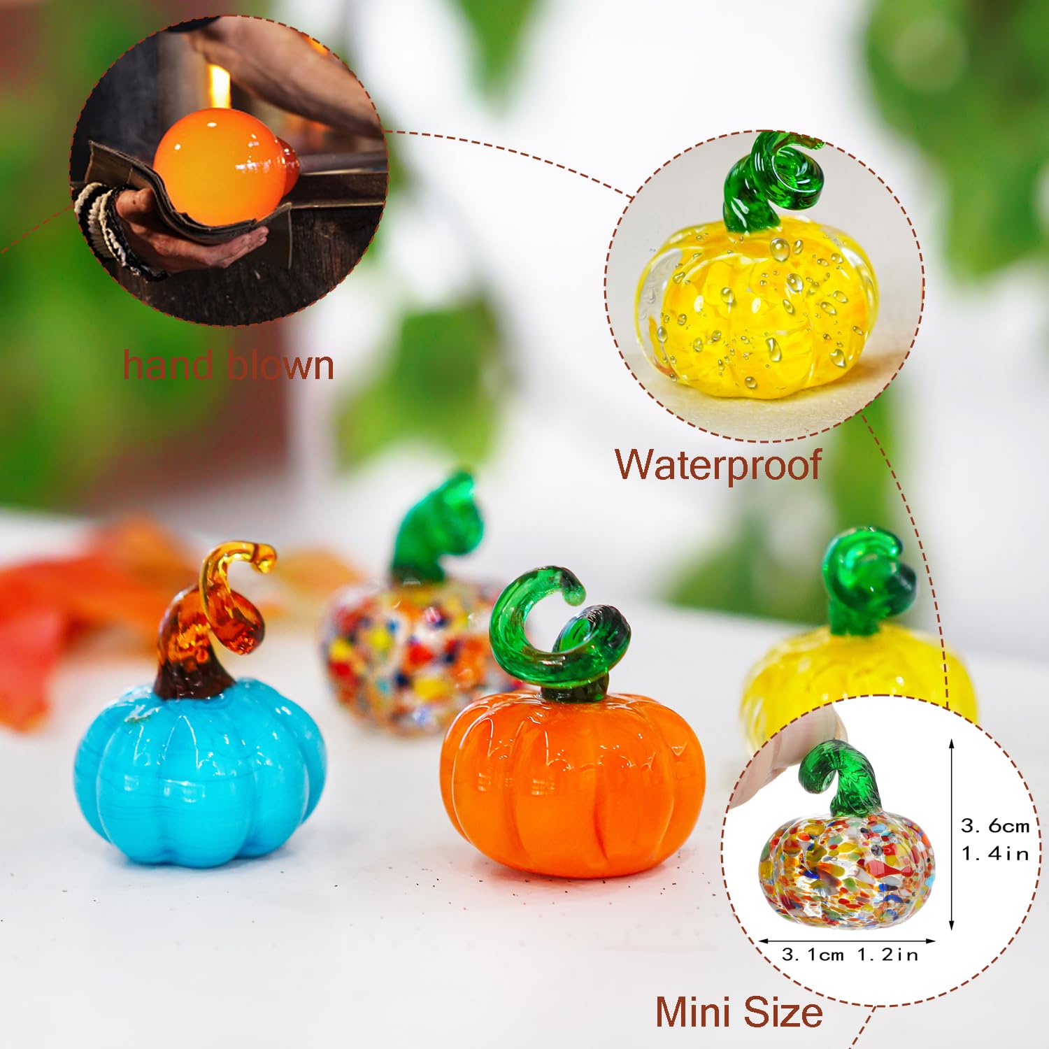 4 Stück Kürbisfiguren aus mundgeblasenem Glas, Mini Halloween Kristall Kürbis Kunstornamente für Familien Thanksgiving