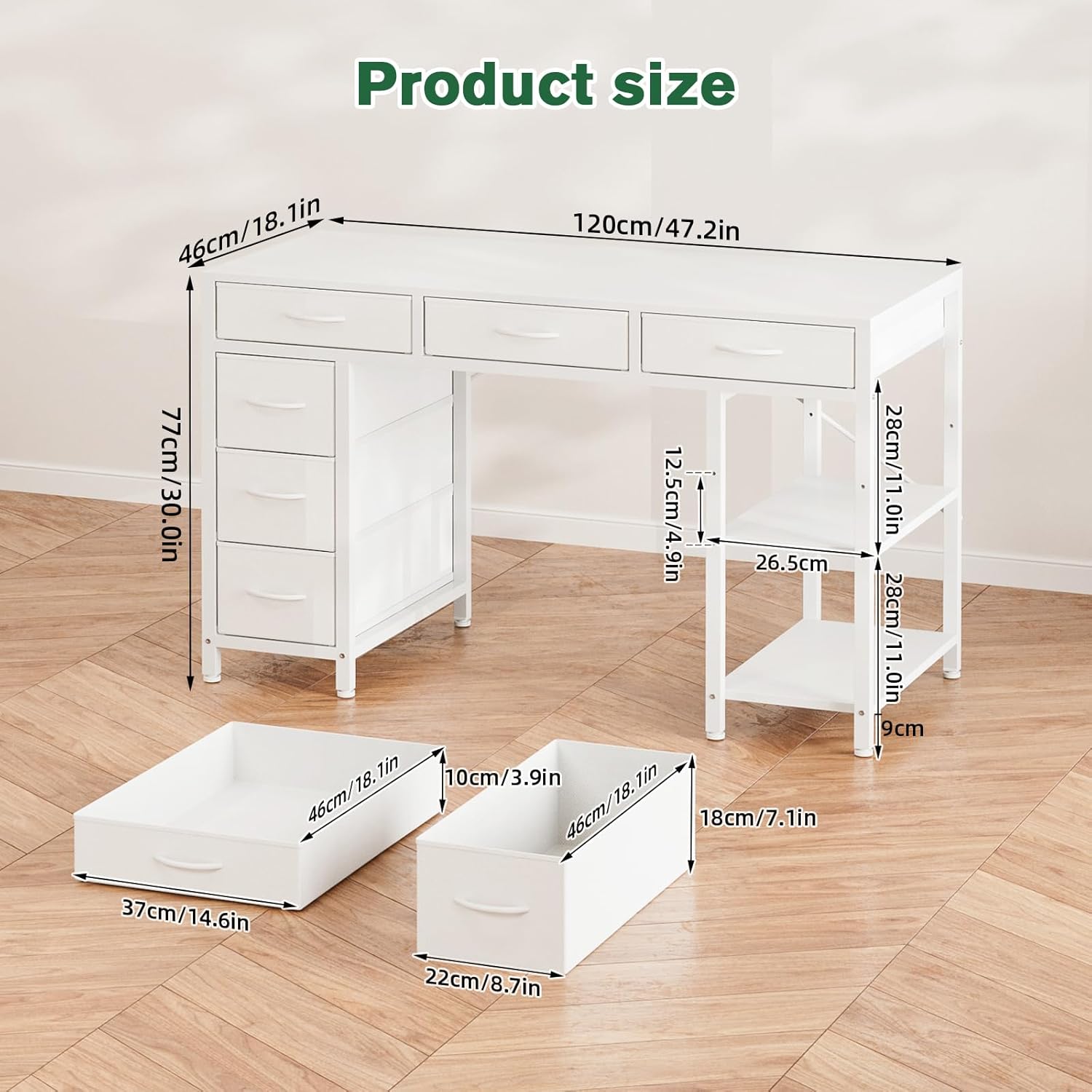 Computer Desk with 6 Drawers, 120CM Gaming Desk with Reversible Storage Shelves, Gaming Table for Home Office, Modern Writing Table PC Desks White