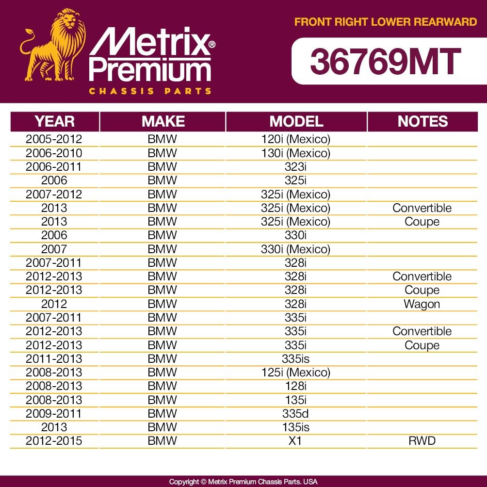 Metrix Premium Chassis Parts - Front Right Lower Rearward Control Arm w Ball Joint & Bushing Assembly Fits 05-12 BMW 120i (Mexico), 06-10 130i (Mexico), 06-11 323i, 06 325i, RK620130, Made in Europe