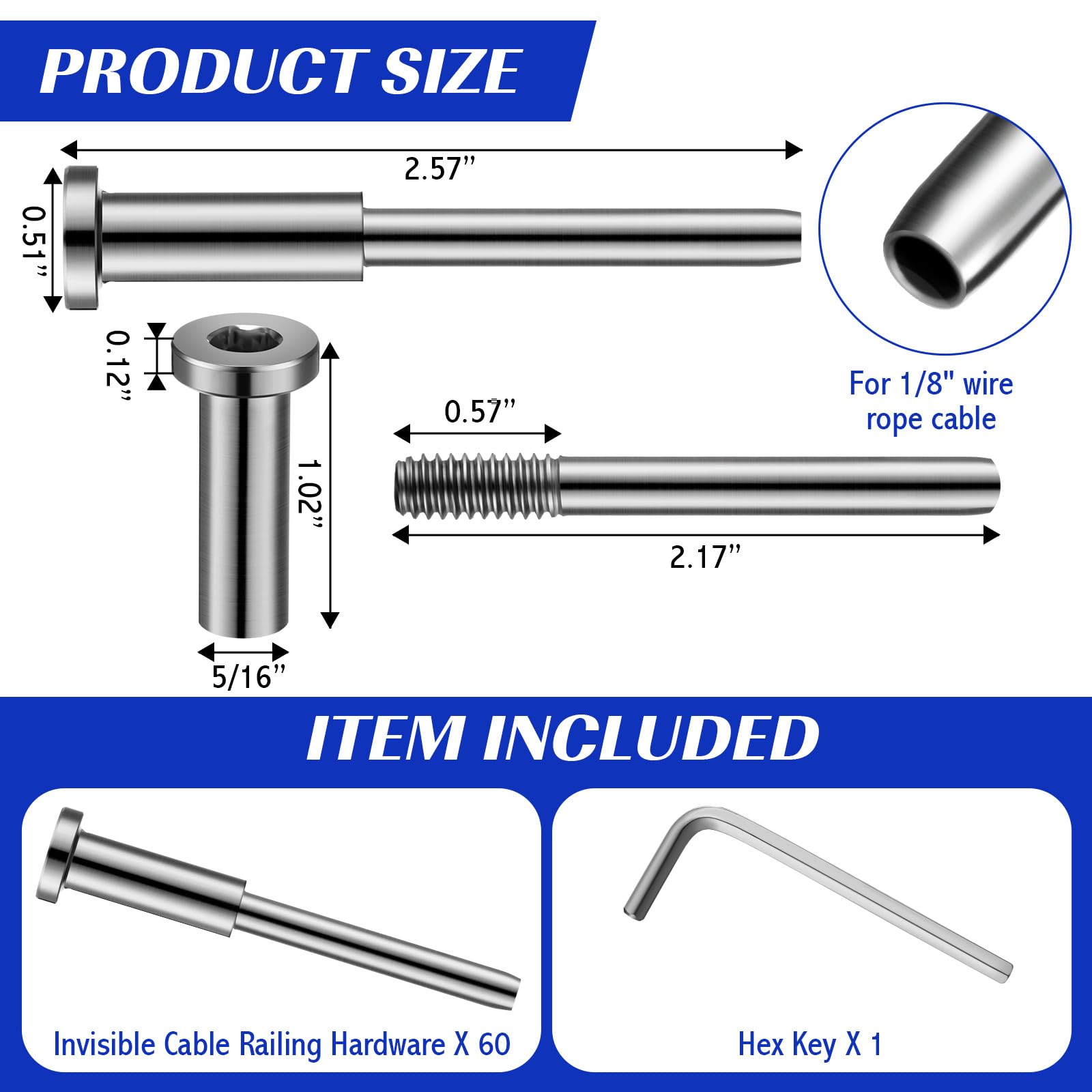 Blulu Kit di 60 cavi invisibili, in acciaio inox T316, ricevitore invisibile da 0,3 cm e estremità a perno a pressare, tenditore da 1/8" per pali in legno/metallo, hardware (argento)