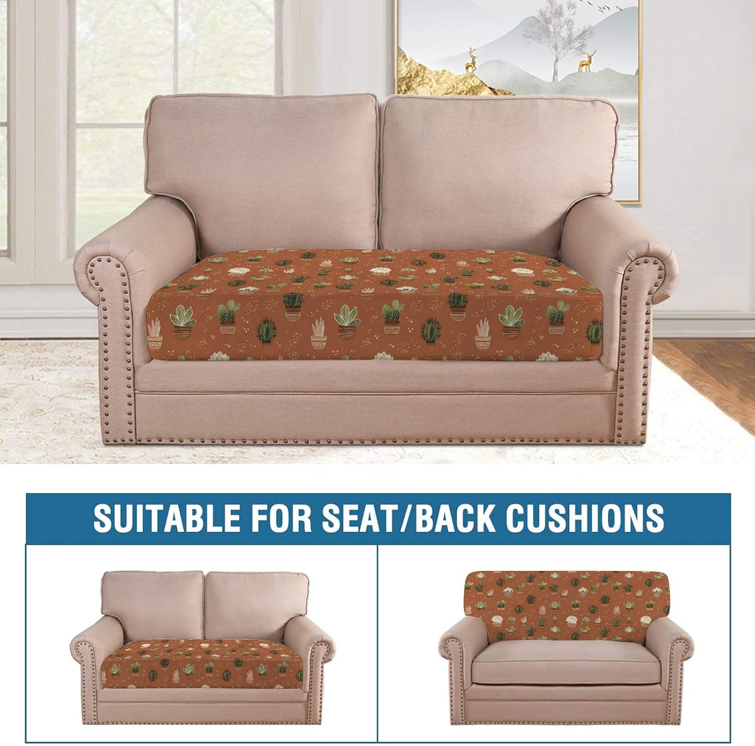 Desert Succulent Motif Brown Loveseat Covers Couch Covers for 2 Cushion Couch, 2-Piece Stretch Sofa Slipcovers Anti-Slip Washable Furniture Protectors for Dogs Pets