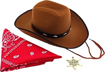 Childrens Cowboy, Sheriff Theme Costume Dress Up Set For Boys and Girls - Cowboy Hat, Bandana and Gold Sheriff Badge