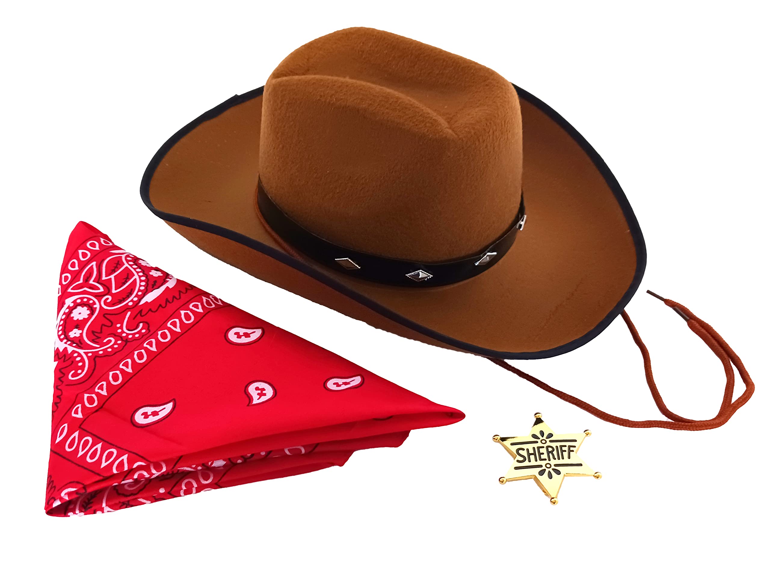 Children's Cowboy, Sheriff Theme Costume Dress Up Set For Boys and Girls - Cowboy Hat, Bandana and Gold Sheriff Badge