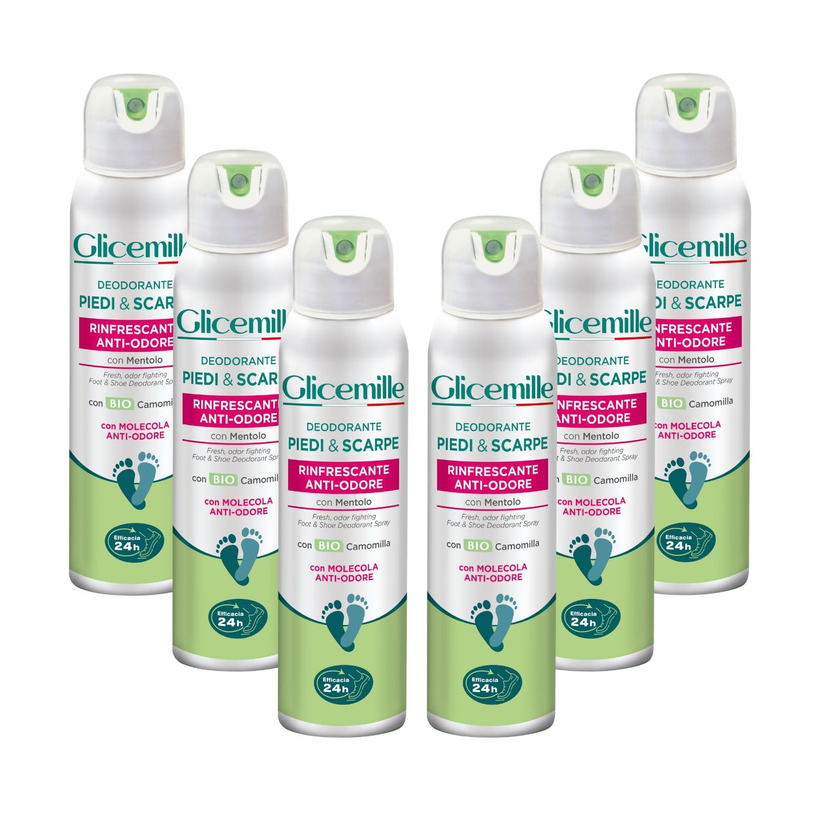 GLICEMILLE | Deodorante Piedi&Scarpe, Rinfrescante e Anti-Odore, 6x150ml | Con Mentolo e Camomilla, Efficacia 24h