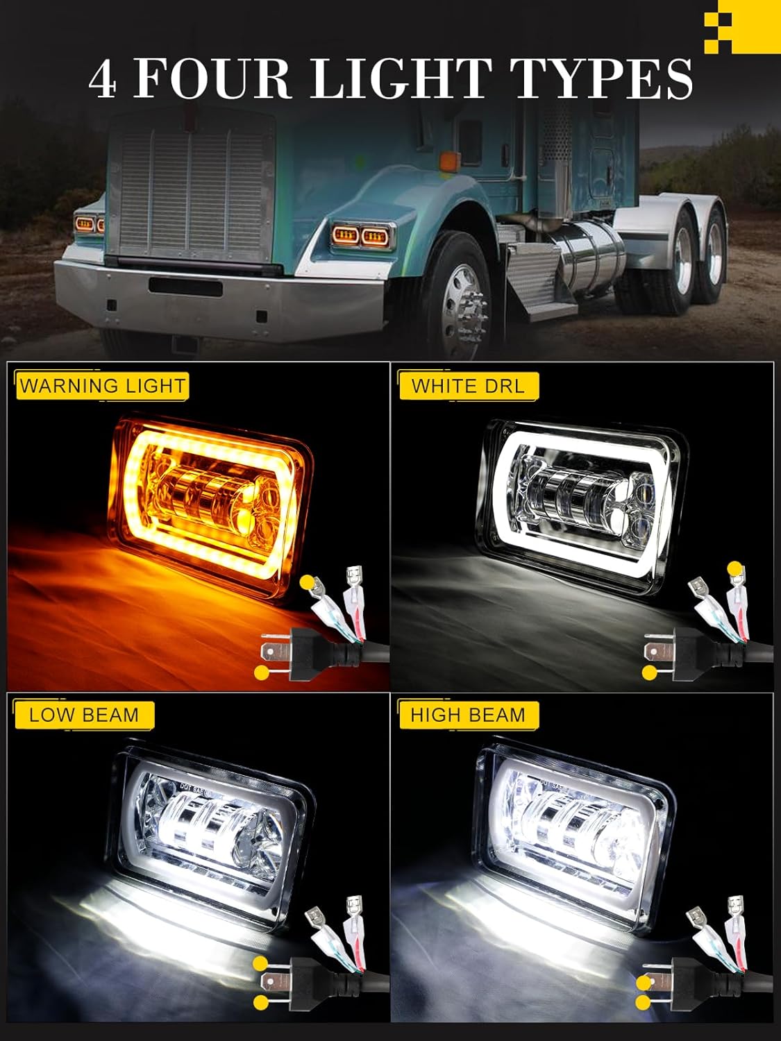 MAYELLO 4 PCS 4x6 Led Headlights DOT 60W Headlights for Kenworth Headlight Hi/Lo Sealed Beam Replacement H4651 H4652 H4656 H4666 H6545 4x6 Headlight Led Compatible with Kenworth Peterbilt-Chrome