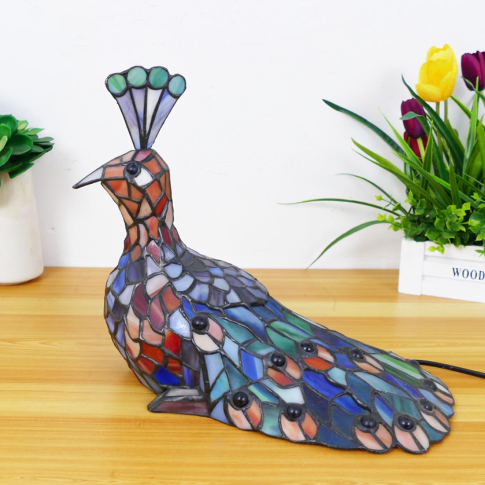 Lámpara de Mesa Retro de Vidrio Teñido Azul con Pavo Real Luz Nocturna de 11"de Altura Estilo Tiffany para Dormitorio Mesita de Noche Comedor Habitación Infantil Oficina Decoración del Hogar