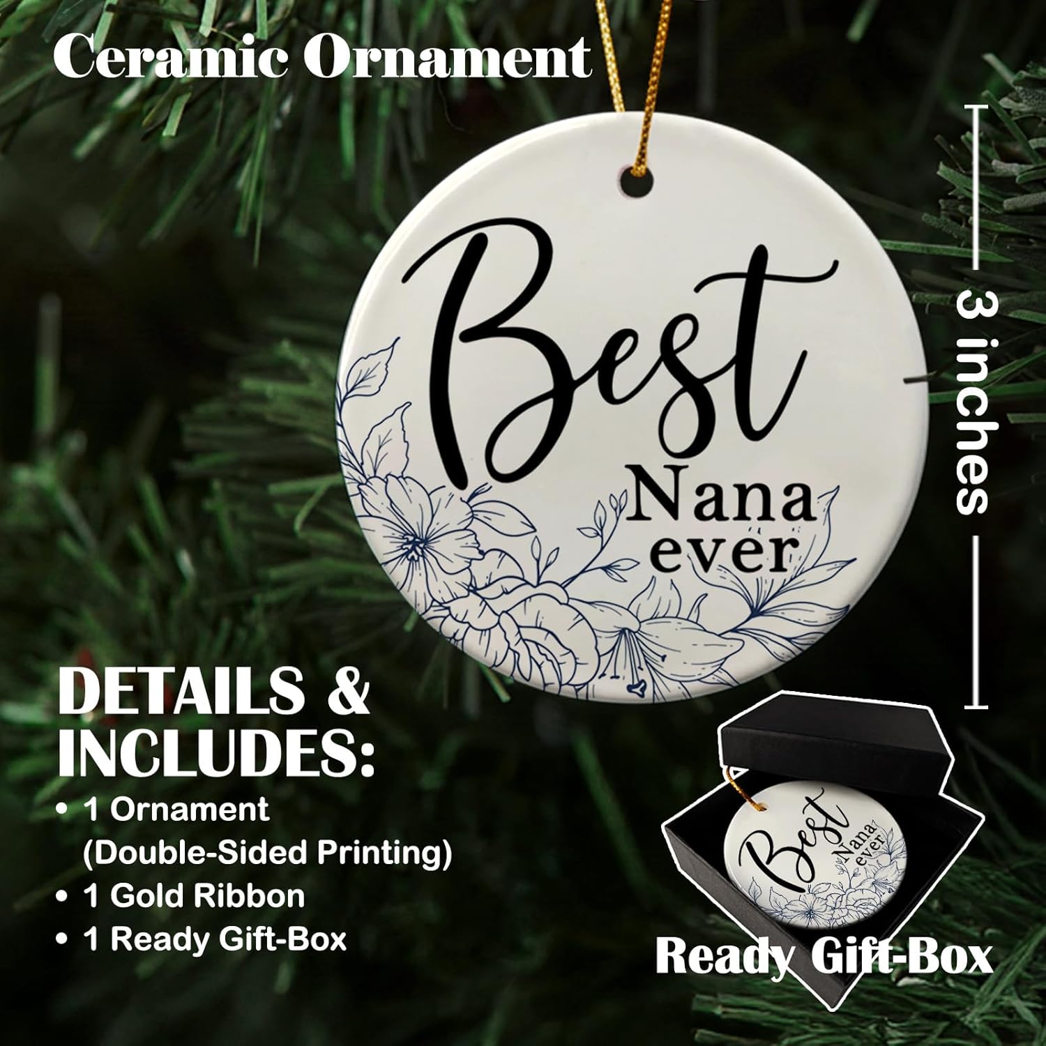 Best Nana Ever Gifts for Grandma,Grandma Ceramic Ornaments Gifts for Appreciation Christmas Tree Mother's Day Decor, Rustic Floral Hanging Round Holiday Ornament Keepsake Decorations 3in - Image 3