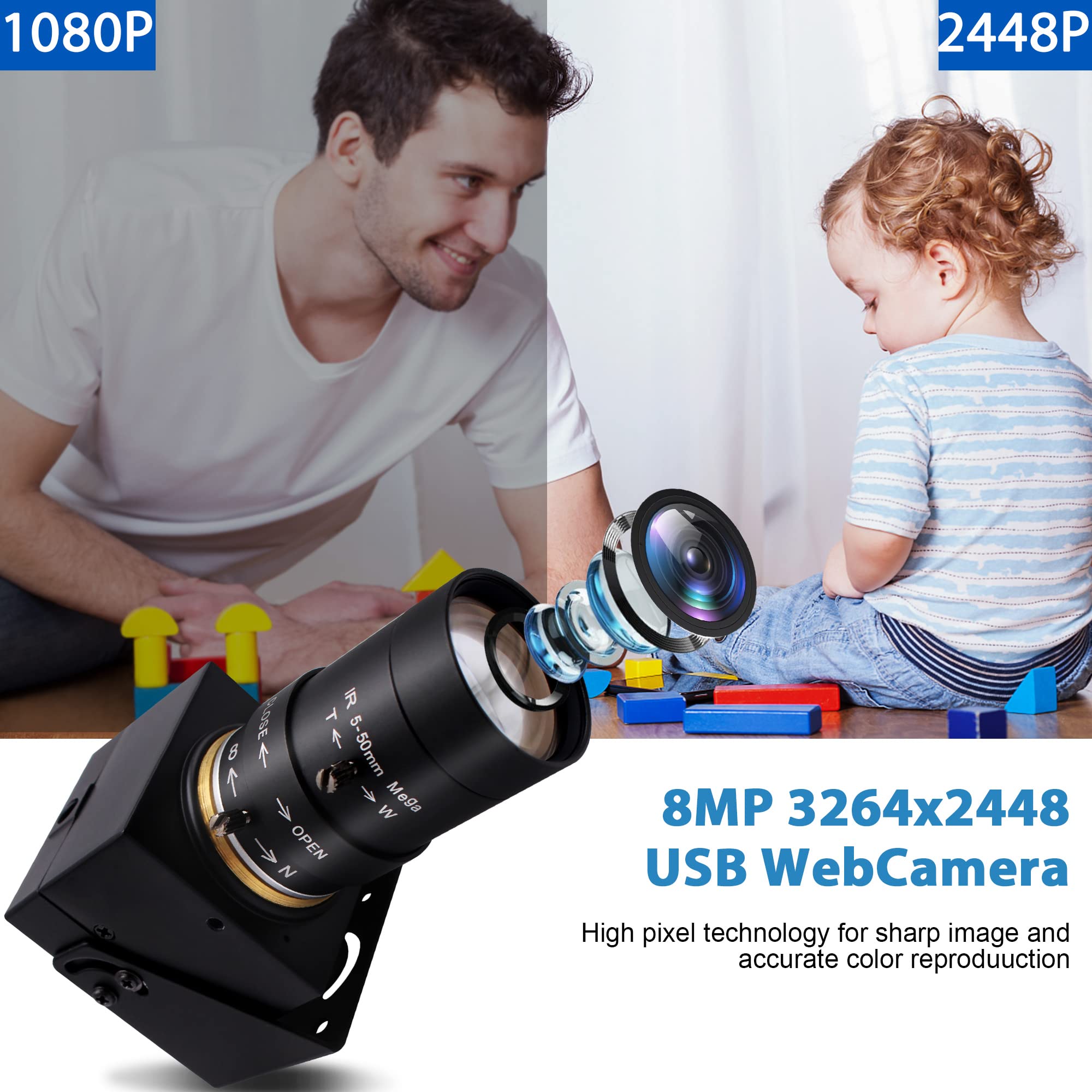 Svpro 8MP USB Webcam mit 10X-Zoom-Objektiv 5-50mm CS Mount - Varifokale Kamera für Laptop, PC, Computer, Plug and Play UVC 2448P