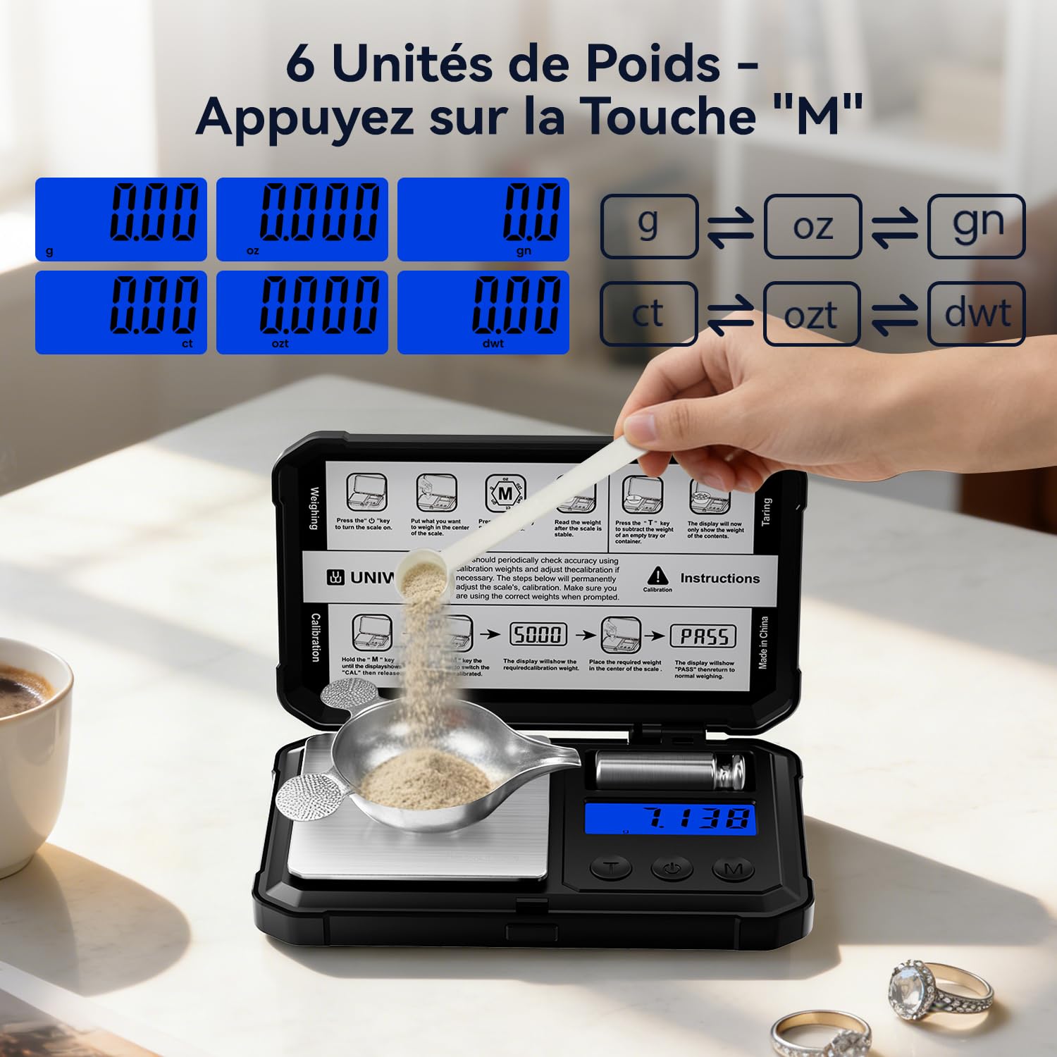 UNIWEIGH Balance de milligramme 50 g/0,001 g numérique de haute précision avec écran LCD/tare, 6 unités de micro-grammes pour poudre médicamenteuse, pièces de monnaie, or, rechargement – Poids Cal