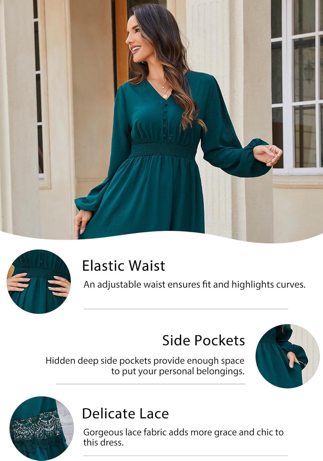 Women's Long Sleeve Boho Maxi Dress 2026 V Neck Smocked Elegant Long Dresses with Pockets for Wedding Guest Vacation - Image 5
