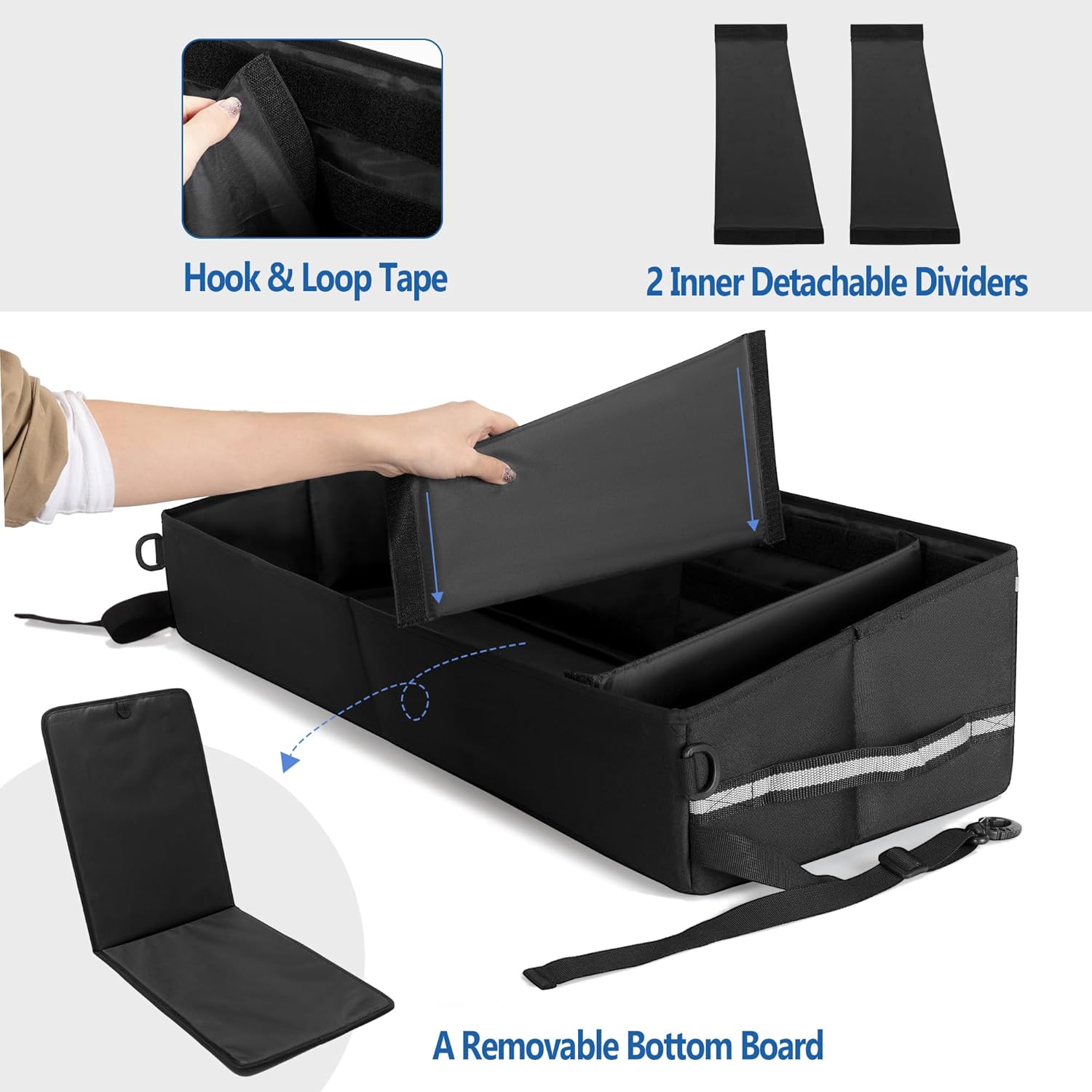 Under Seat Storage Box for Trucks, Tool Organizer with Removable Bottom Board, 2 Side Handles and Hook Snap Fix Strap, Black