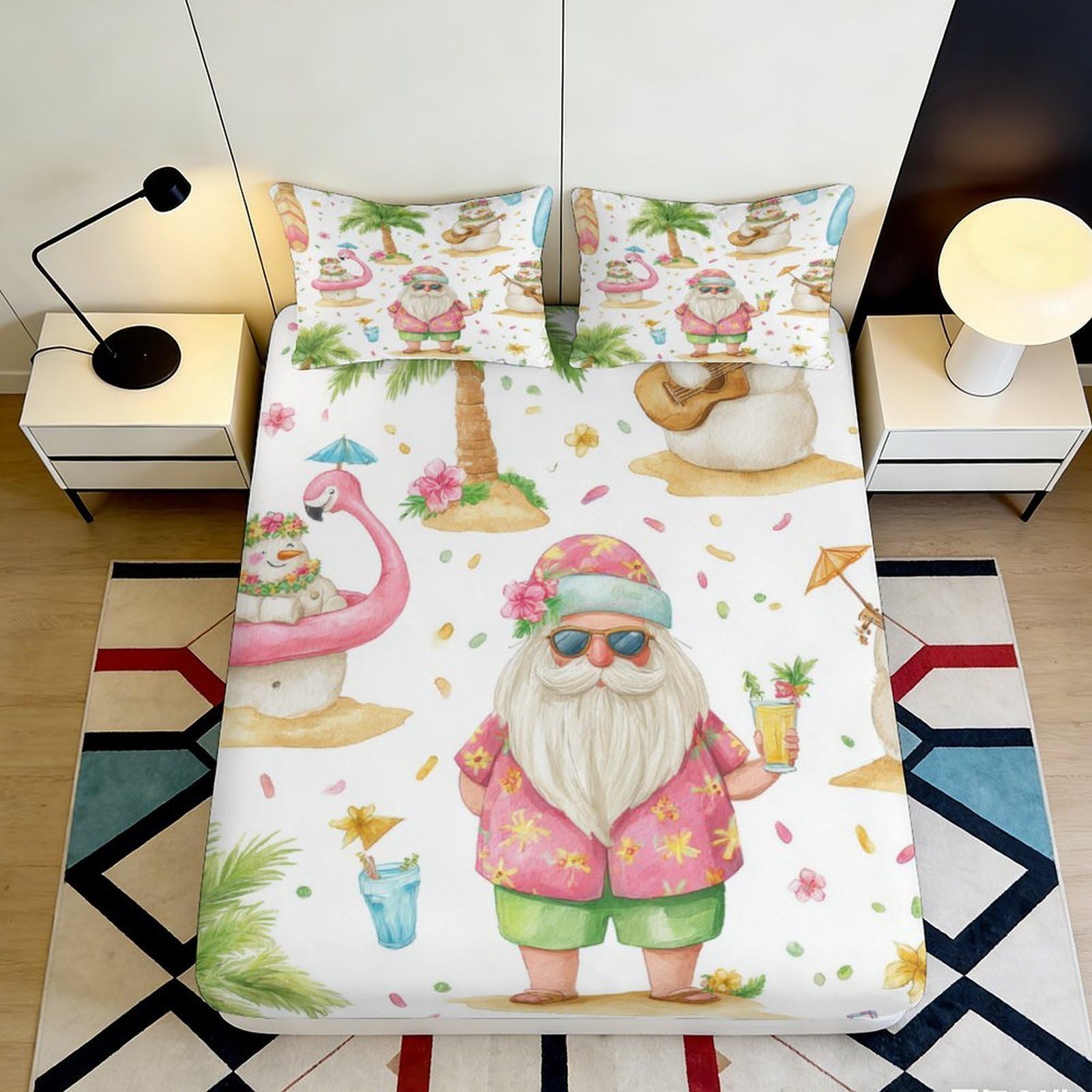 3D Printed Summer Beach Santa Fitted Sheet Microfiber Soft Tropical Flamingo Mattress Cover for Bedroom Dorm Easy Care 120x200x25cm