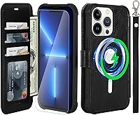 Vista 19 de VANAVAGY Magsafe - Funda tipo cartera compatible con iPhone 13 Mini para carga inalámbrica, de piel sintética, con correa para la muñeca, bloqueo