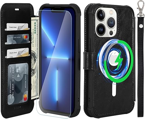 VANAVAGY Funda tipo cartera compatible con iPhone 13 Pro MagSafe, funda de piel con tapa RFID con soporte para muñeca, carga inalámbrica con