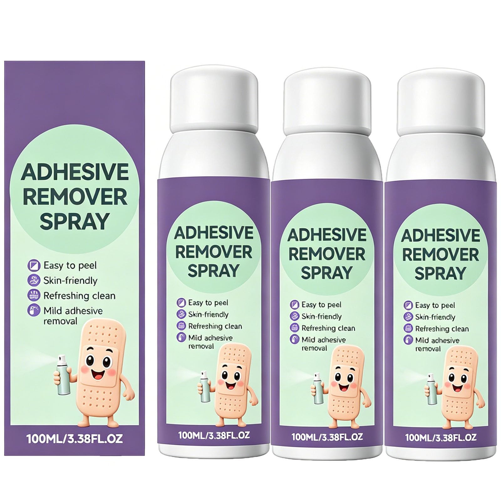Spray doux pour retirer les résidus d'adhésif (100 ml) – Liquide nettoyant et adoucissant pour enlever les résidus de pansements et rubans adhésifs Séchage rapide – Pour peaux sensibles (3Pcs)
