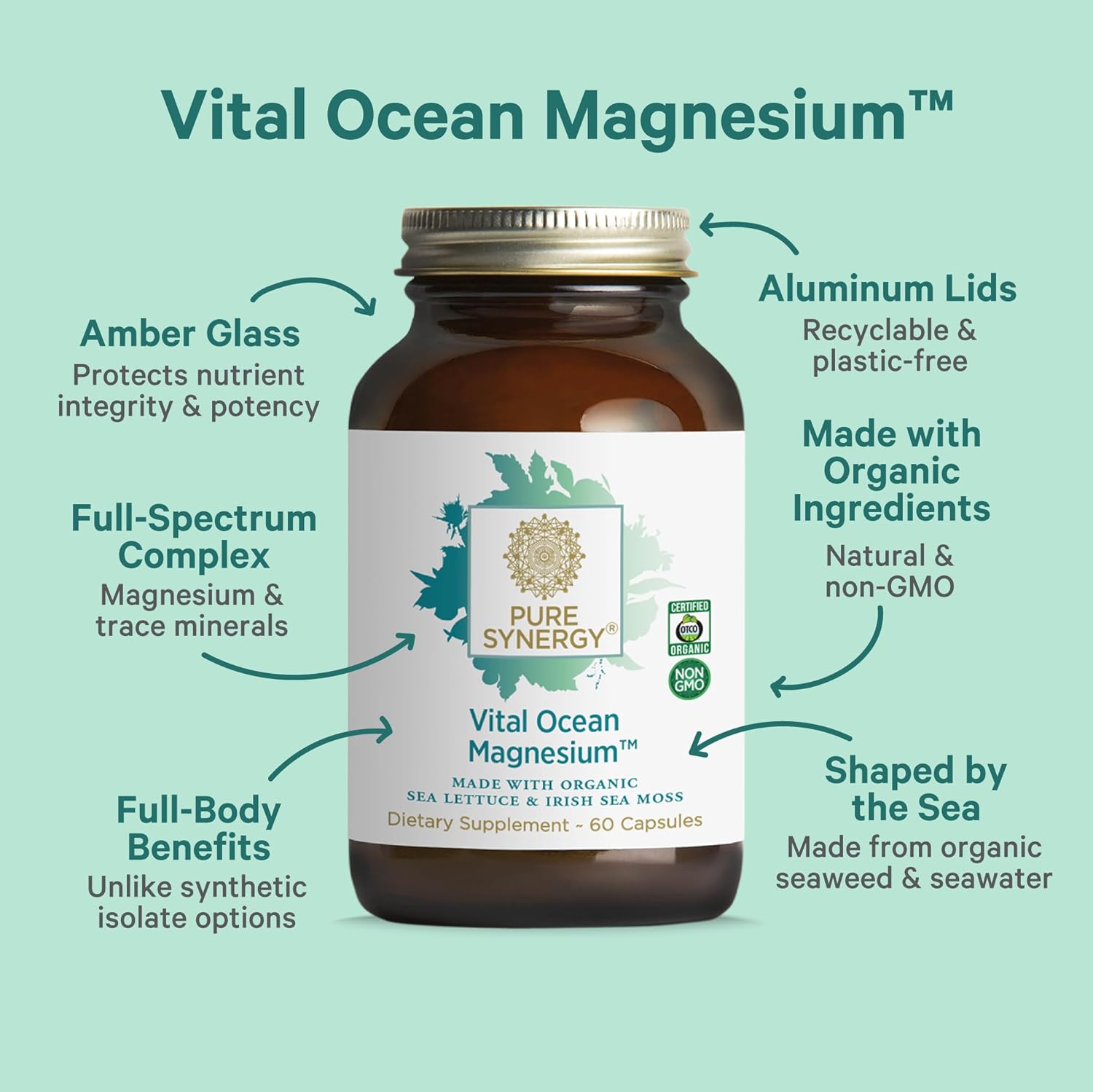 PURE SYNERGY Vital Ocean Magnesium | Organic Magnesium Supplement Capsules | Vegan, Seaweed-Based Complex with Spirulina, Chlorella, & Wakame | for Energy, Sleep, & Stress (60 Capsules)