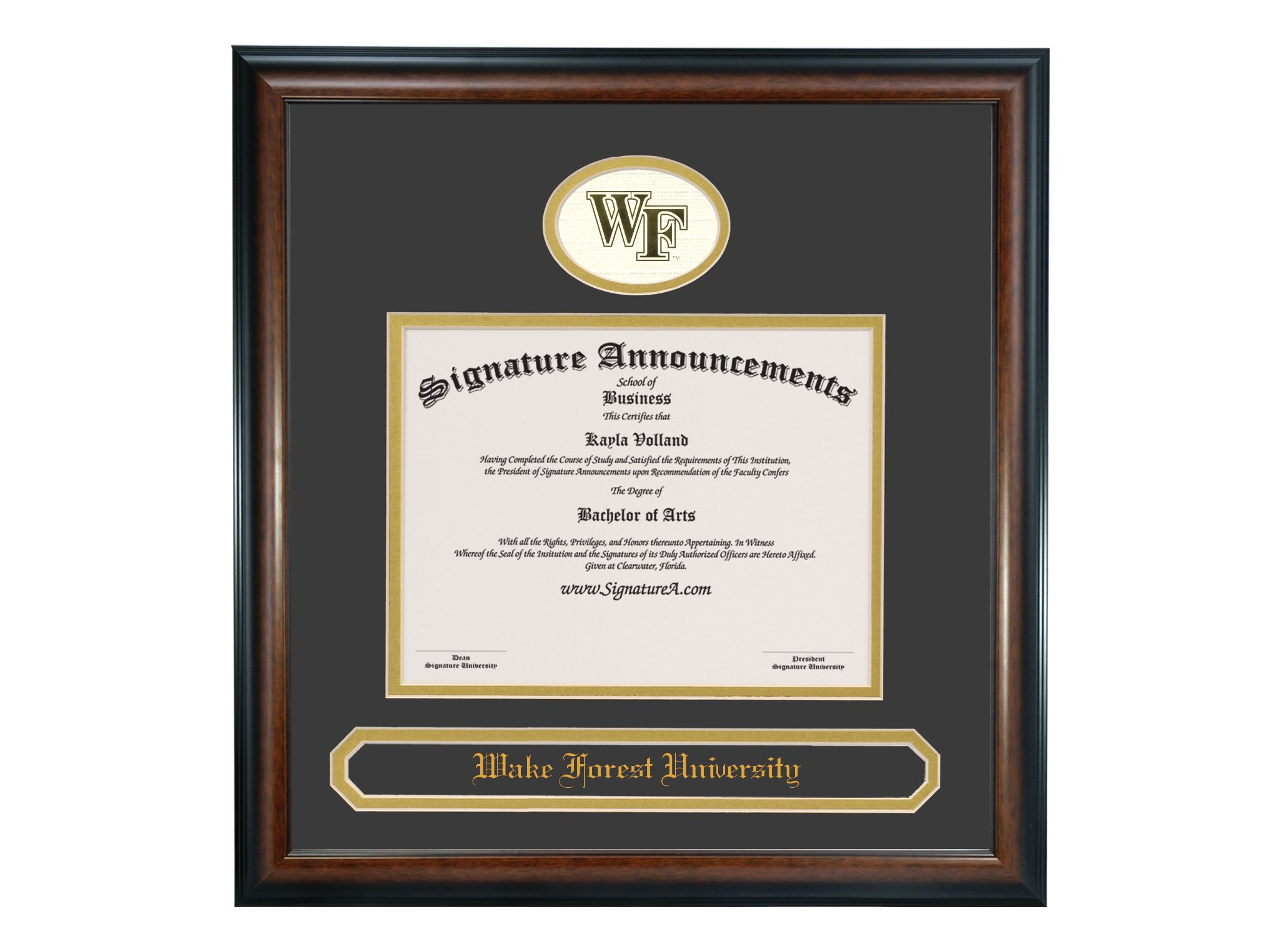 Signature Announcements Wake-Forest-University Undergraduate, Sculpted Foil Seal & Name Graduation Diploma Frame, 20" x 20", Matte Mahogany