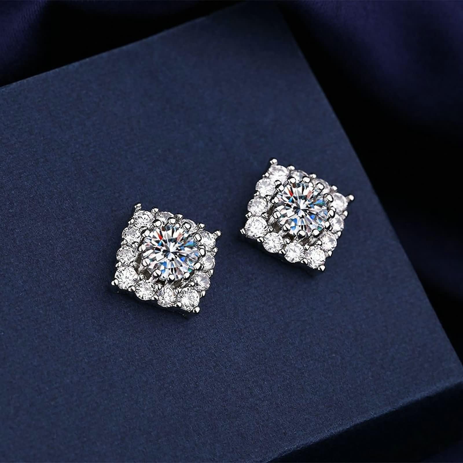 Ohrringe Hochzeit Weißgold 9K / 14K / 18Karat für Damen, Raute und Rund mit Moissanit, Ohrringe Ohrstecker Damen Silber