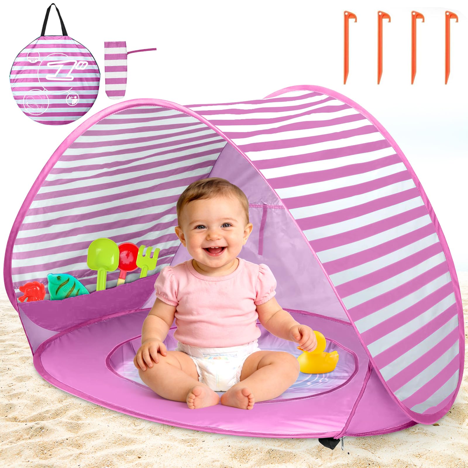 Tenda da Spiaggia Bambini, Tenda Istantanea Portatile, UPF 50+Tenda Spiaggia per 1-3 Persone, per Vacanza in Spiaggia Campeggio Viaggi - Rosa
