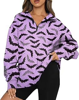Halloween Sweatshirt for Women 2023 Ladies Batwing Print Sweatshirts Fall Winter Long Sleeve Pullover Tops Women's Fashion Half Zip Shirts Halloween Costumes for Women Loose Plus Size Sweatshirts